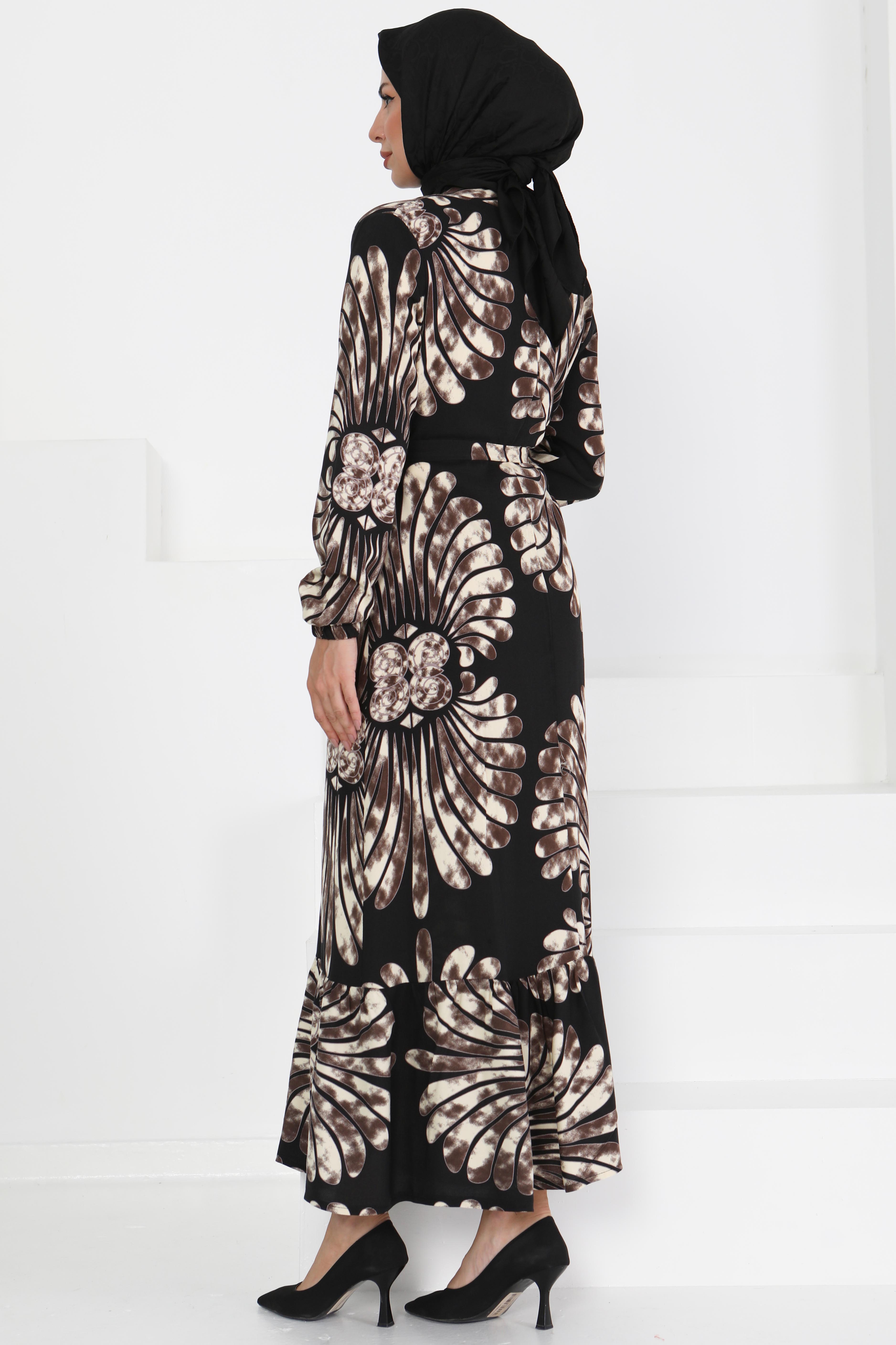 Kuşaklı Desenli Elbise - 27427 - 5