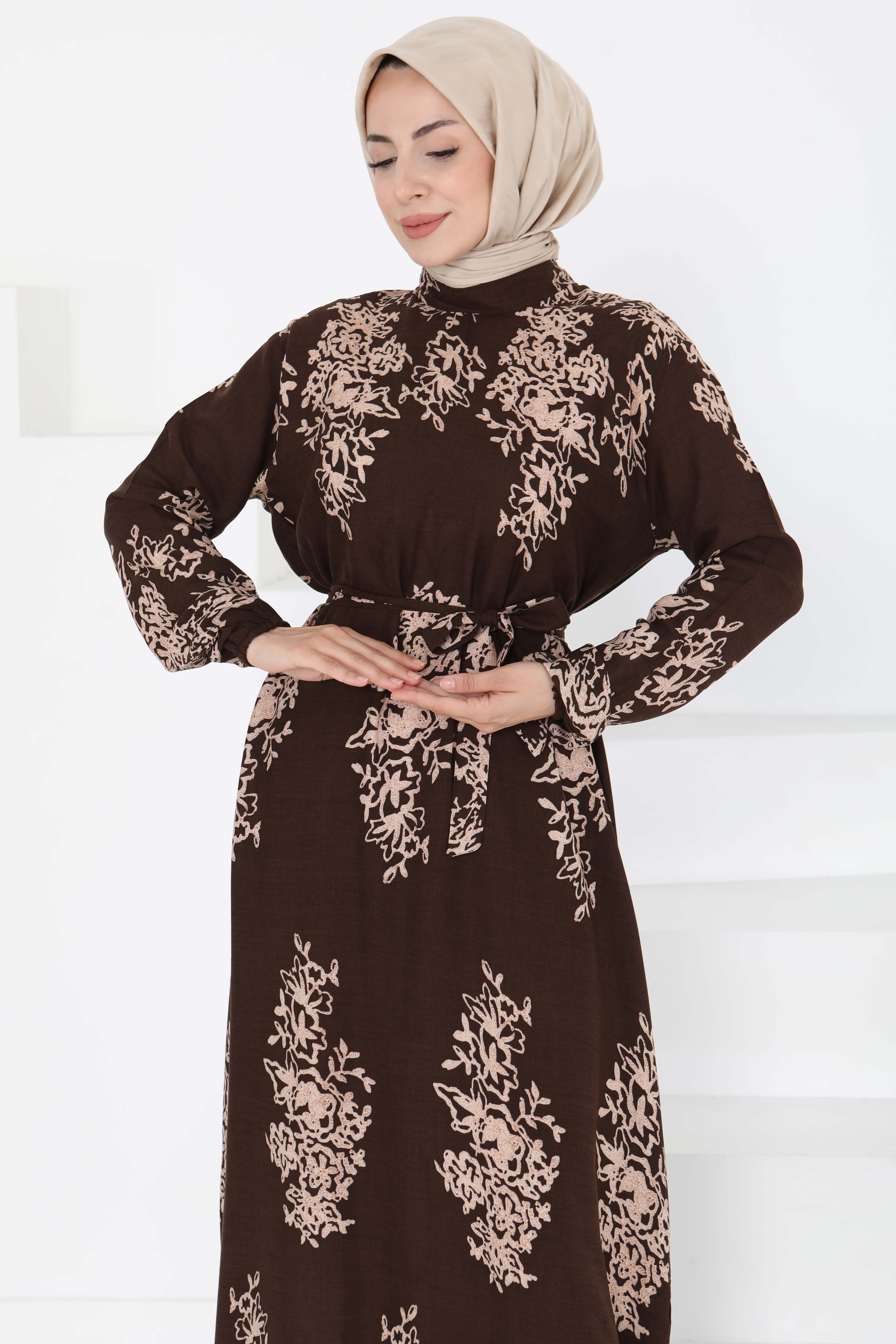 Kuşaklı Desenli Elbise Kahve - 27191 - 1