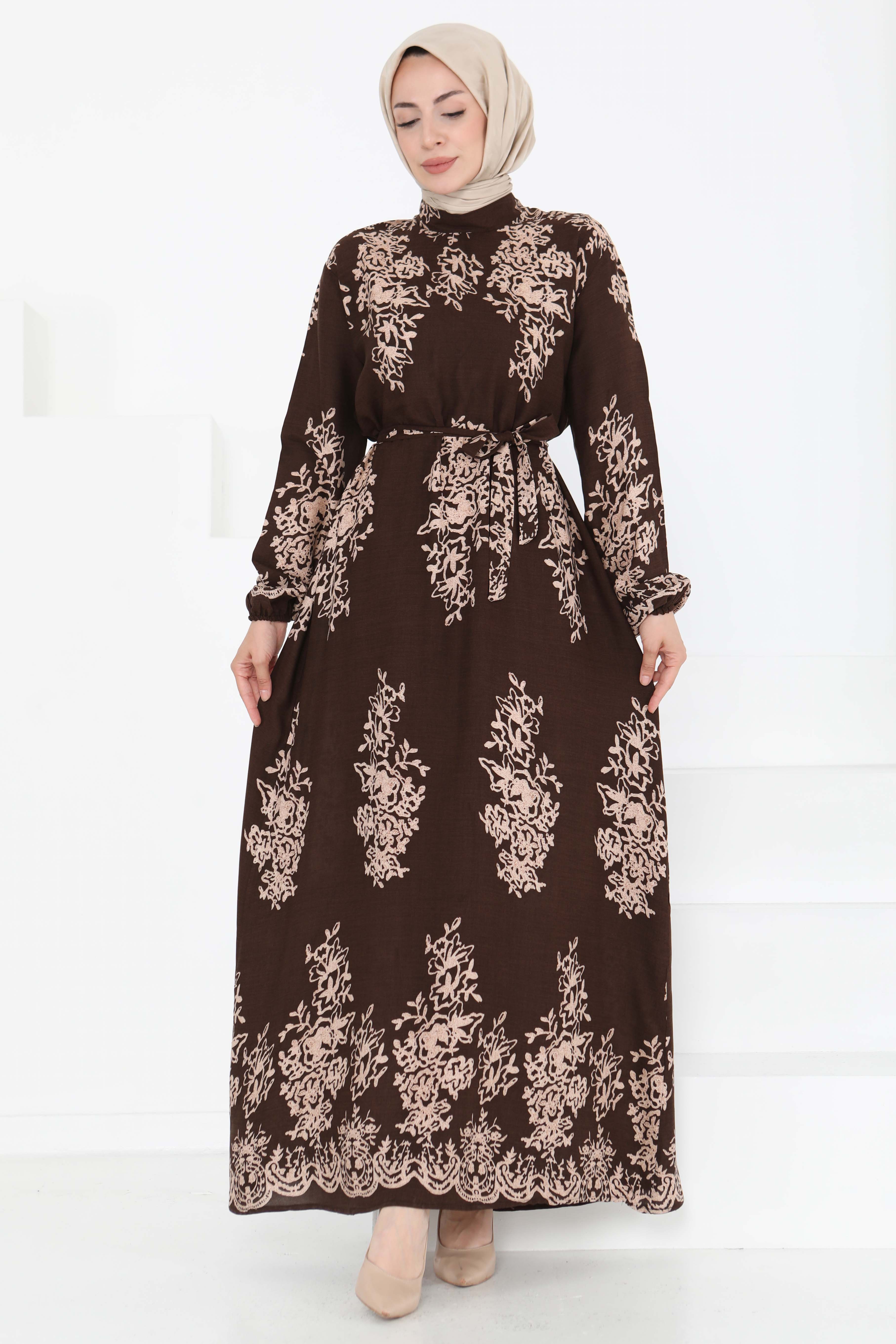 Kuşaklı Desenli Elbise Kahve - 27191 - 2