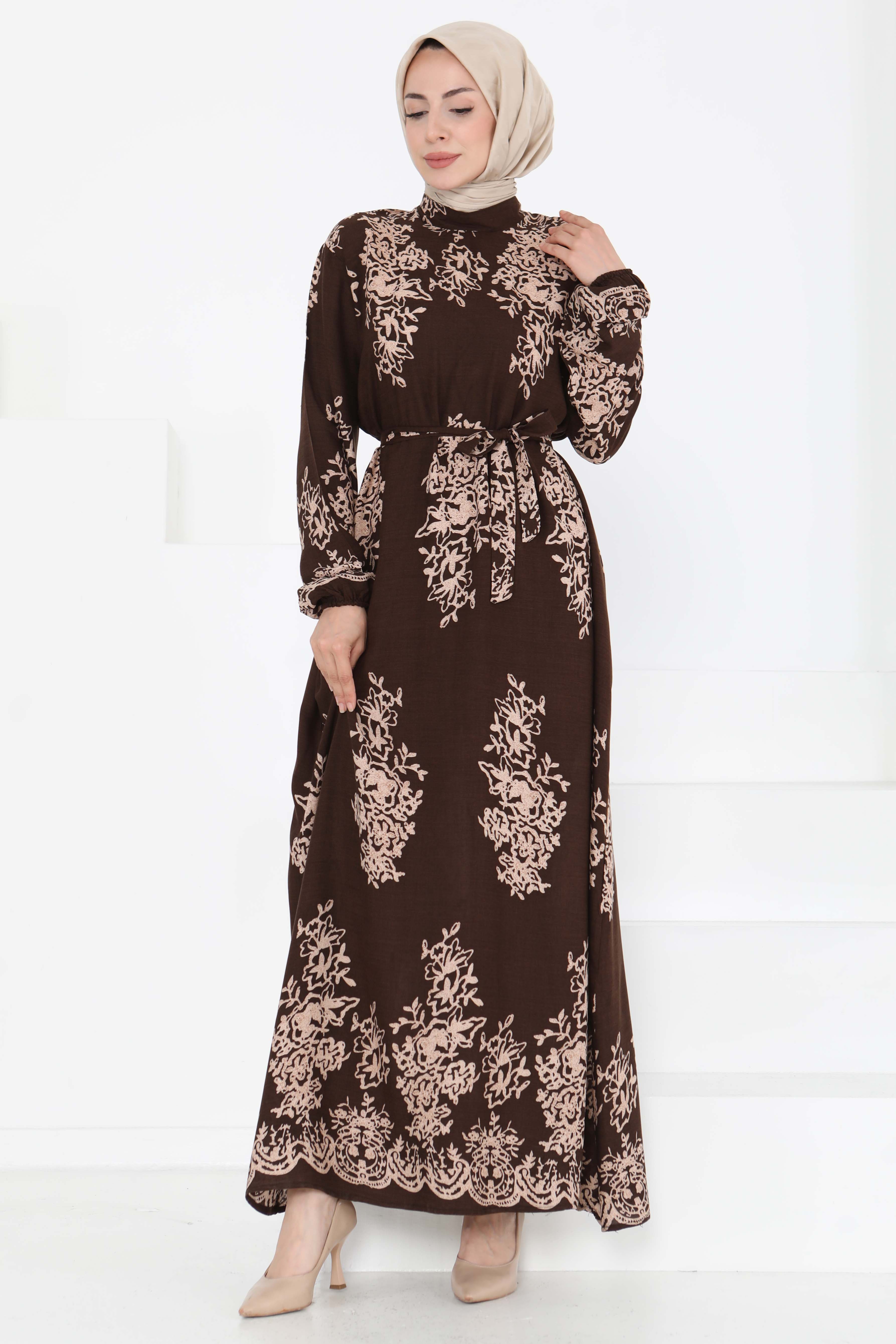 Kuşaklı Desenli Elbise Kahve - 27191 - 4