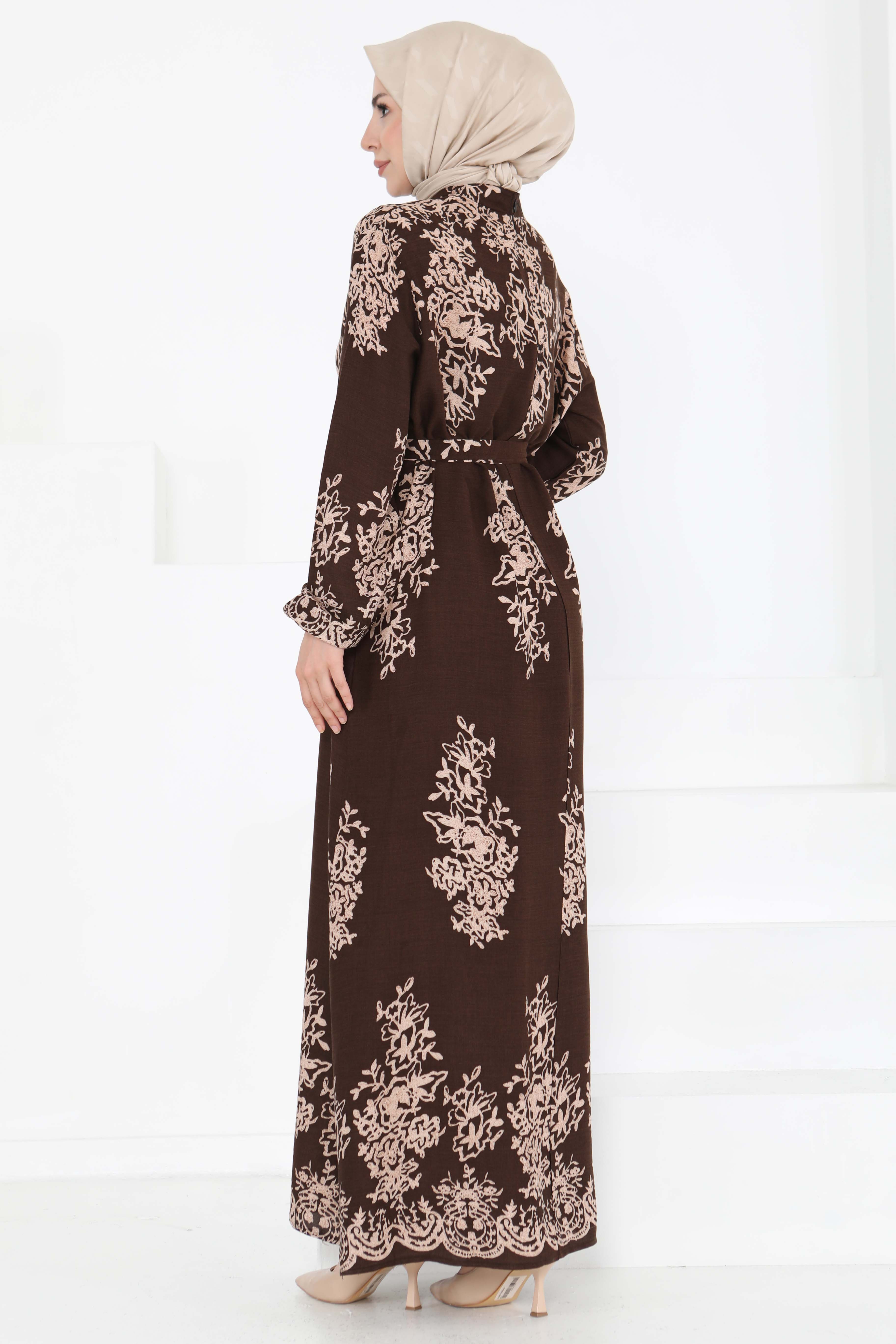 Kuşaklı Desenli Elbise Kahve - 27191 - 6