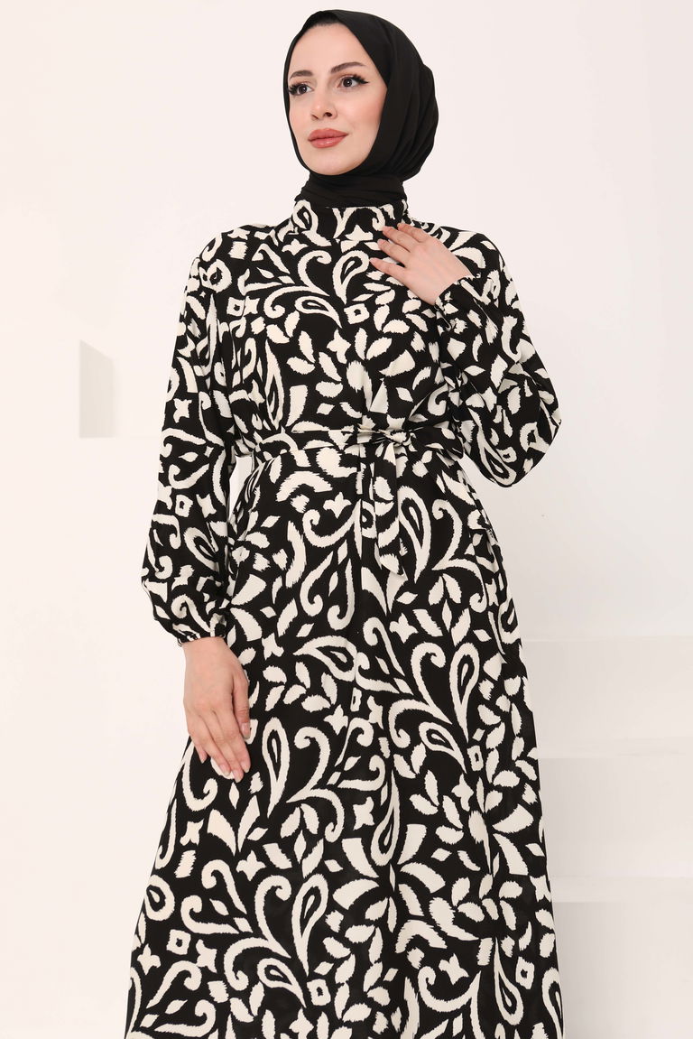 Kuşaklı Desenli Elbise Siyah - 27042 - TOFİSA