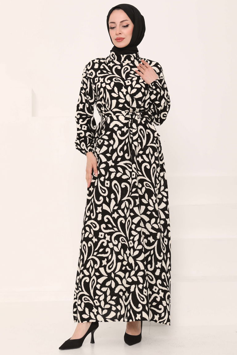 Kuşaklı Desenli Elbise Siyah - 27042 - TOFİSA