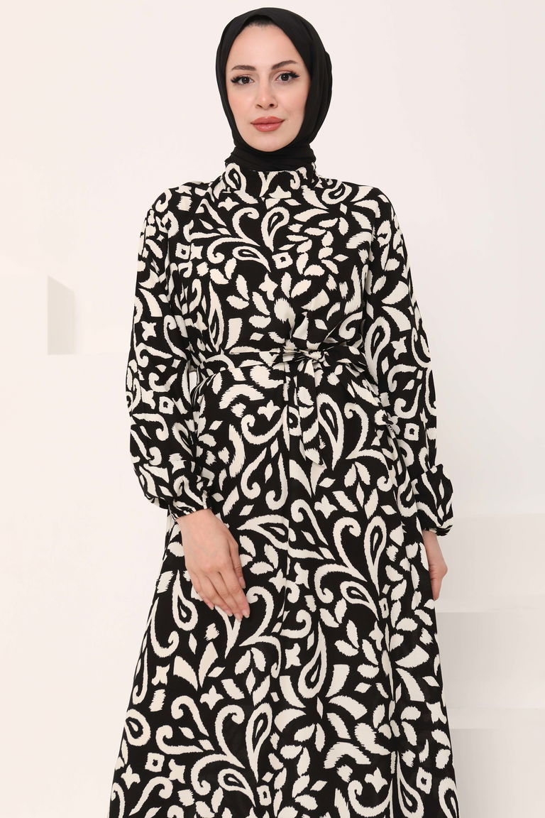 Kuşaklı Desenli Elbise Siyah - 27042 - TOFİSA