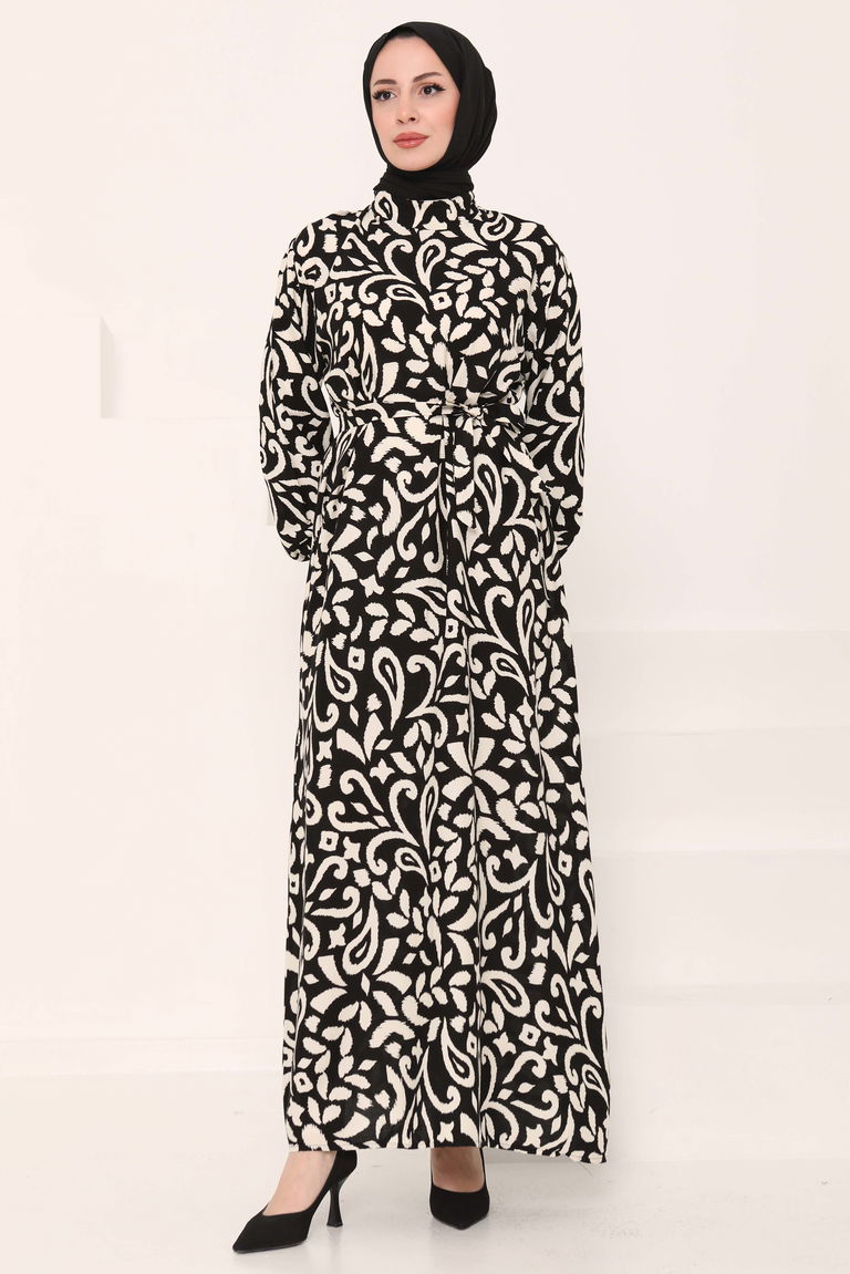Kuşaklı Desenli Elbise Siyah - 27042 - TOFİSA