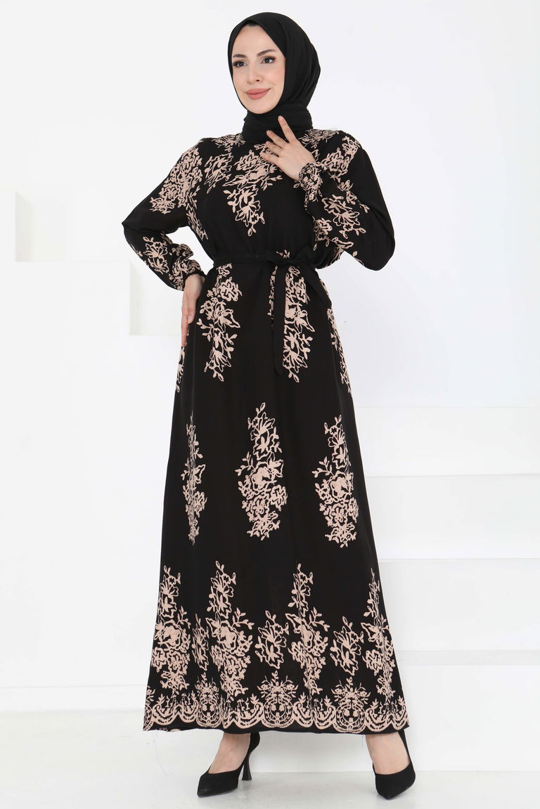 Kuşaklı Desenli Elbise Siyah - 27191 - TOFİSA