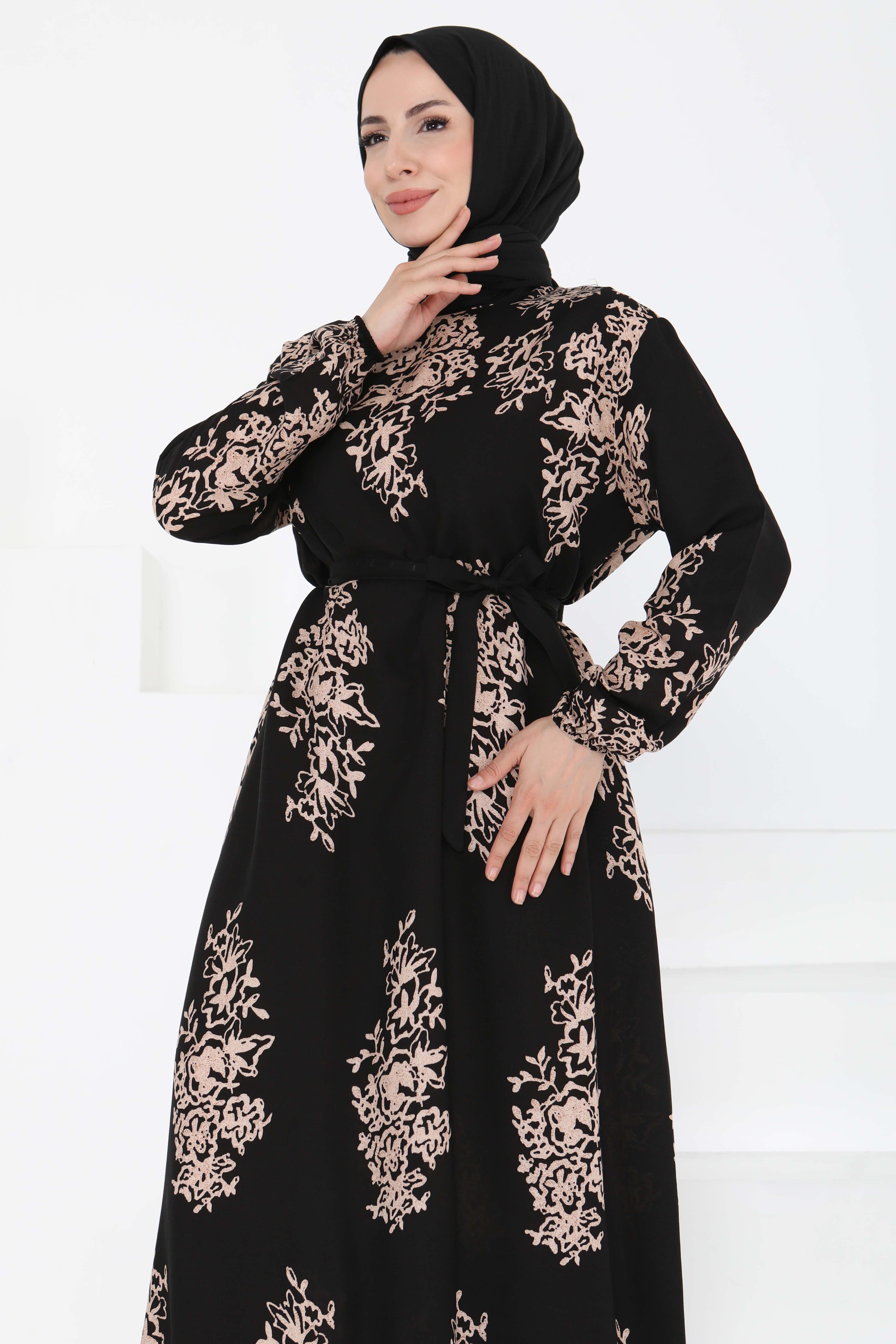 Kuşaklı Desenli Elbise Siyah - 27191 - 2