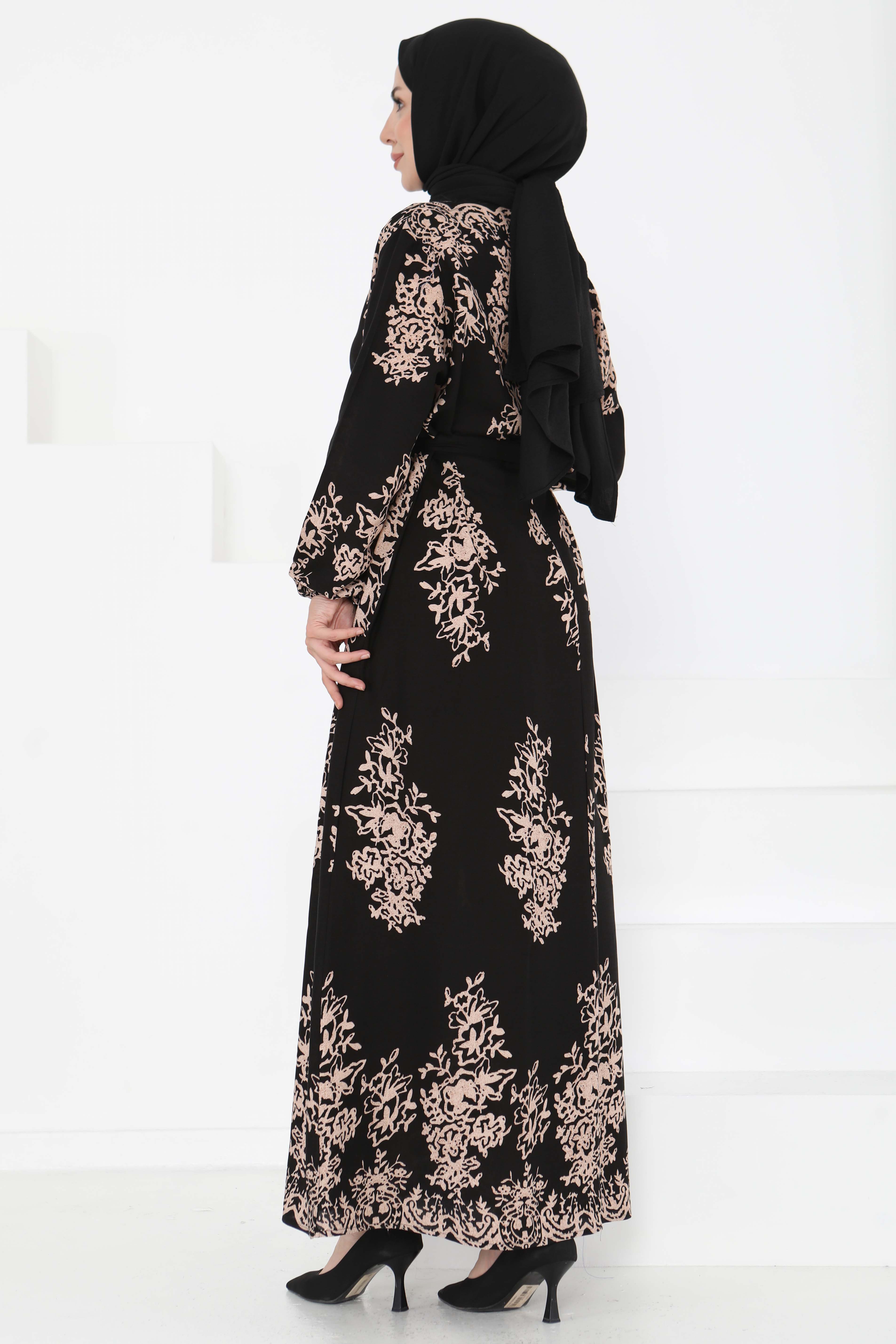 Kuşaklı Desenli Elbise Siyah - 27191 - 6
