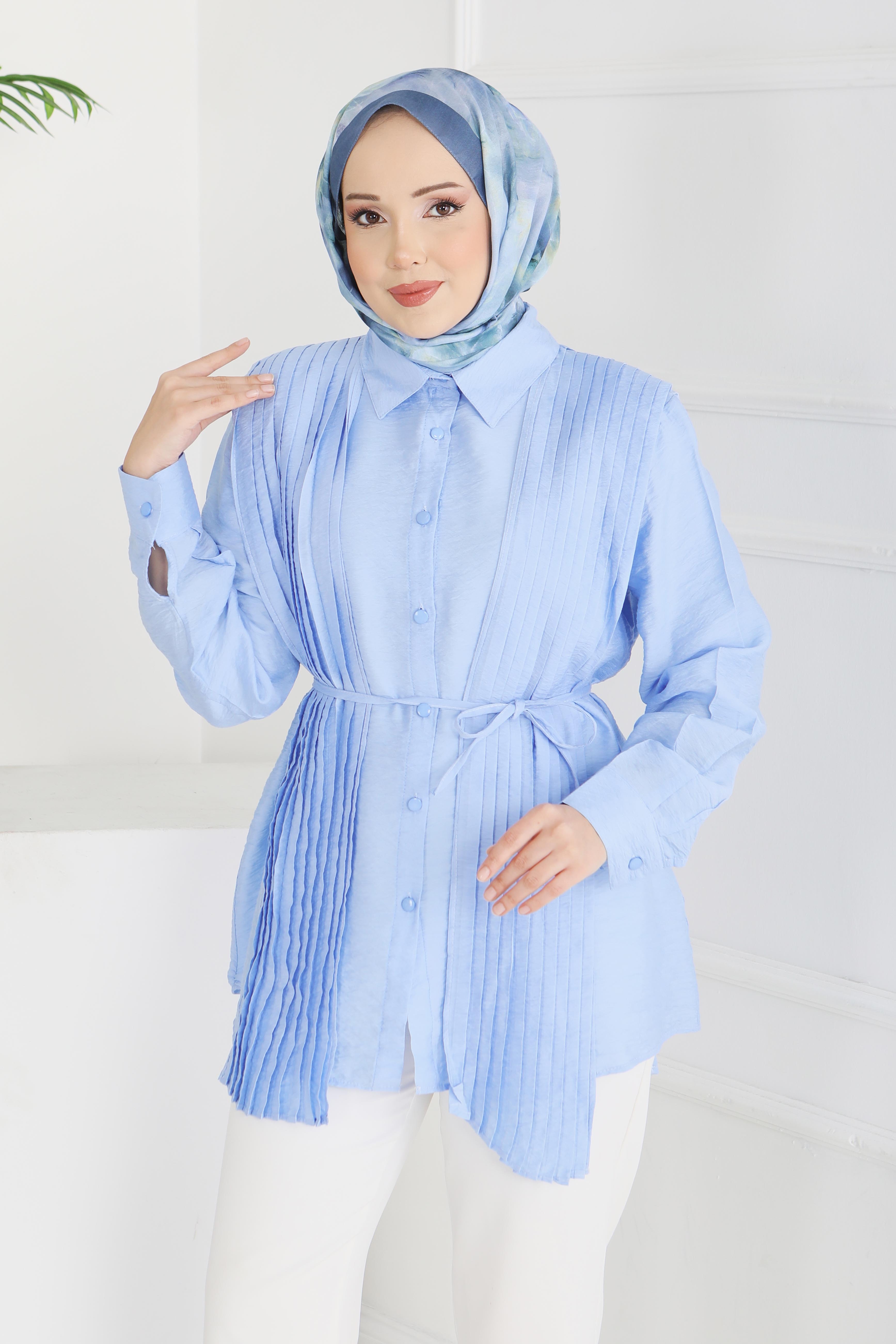 Kuşaklı Detaylı Tunik - 28212-BEBE-MAVI - 2