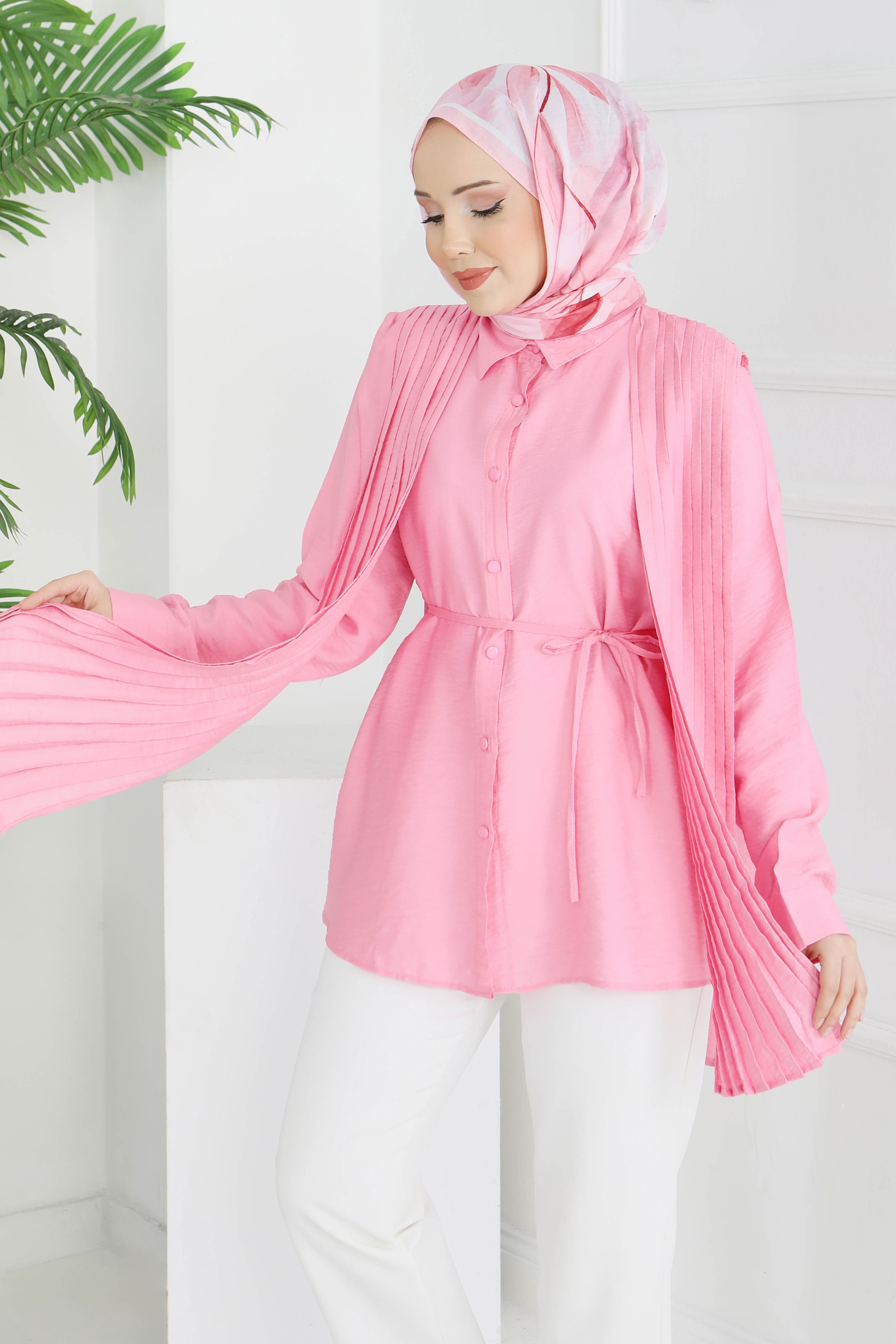Kuşaklı Detaylı Tunik - 28212-PEMBE - 1