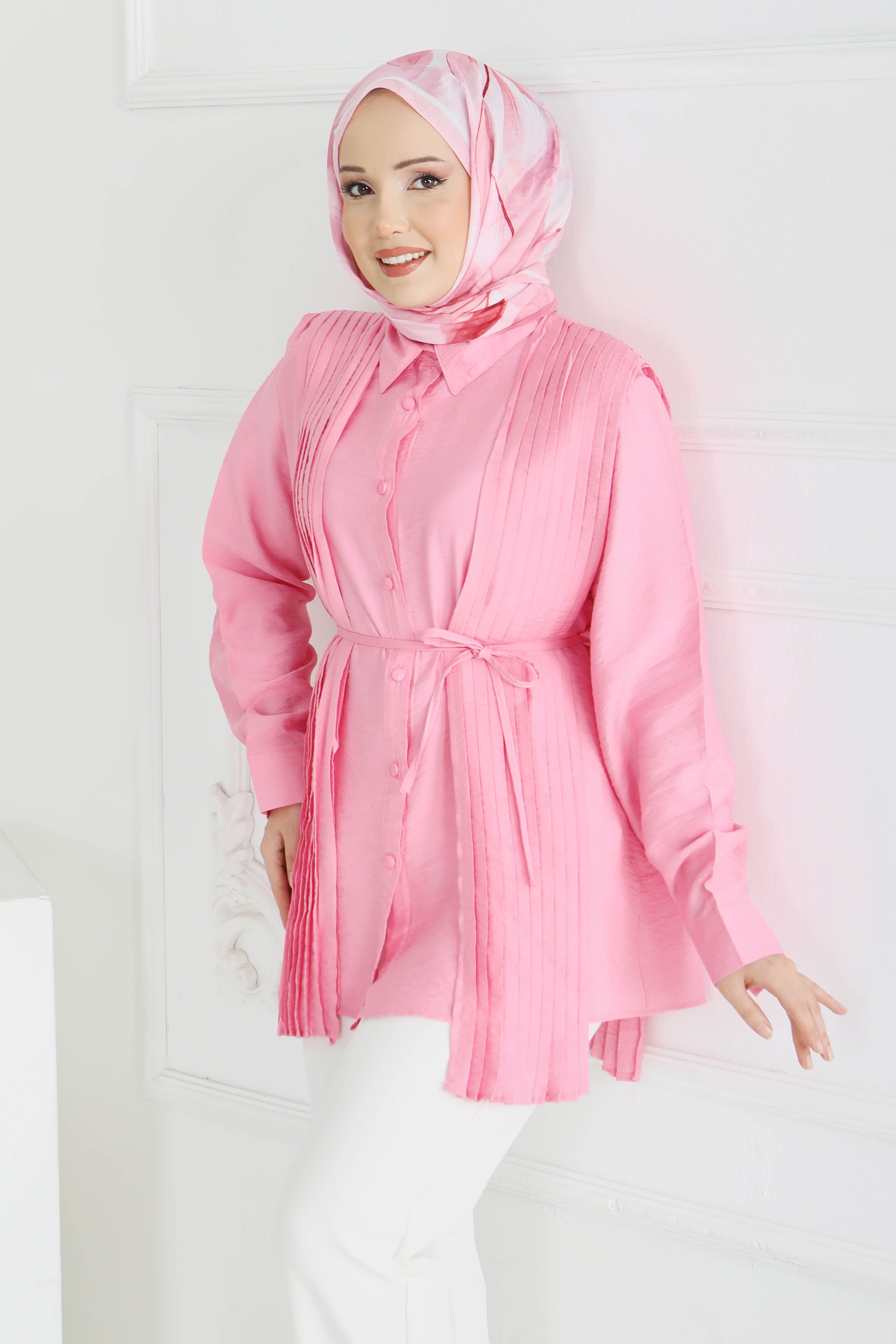 Kuşaklı Detaylı Tunik - 28212-PEMBE - 3