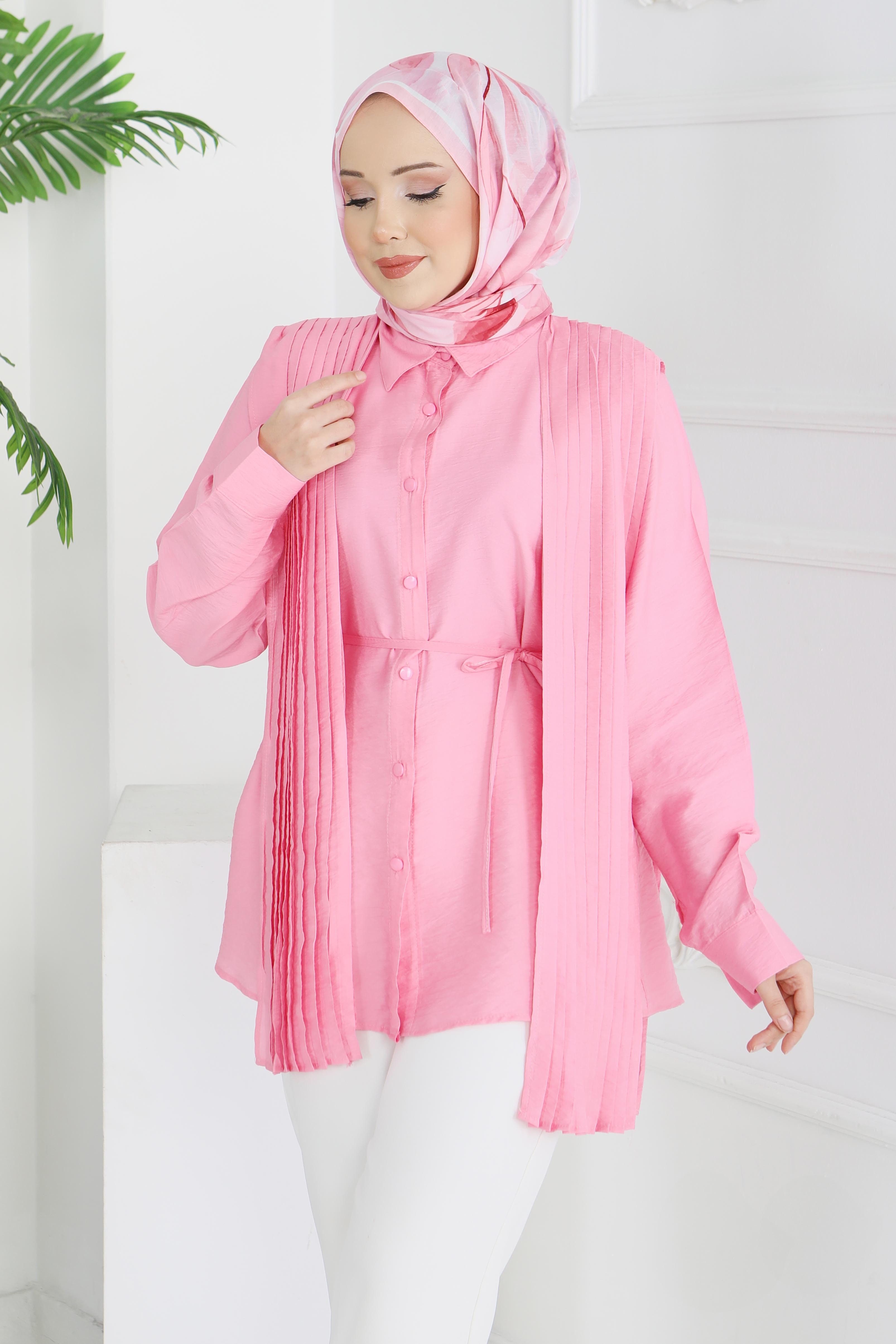 Kuşaklı Detaylı Tunik - 28212-PEMBE - 4