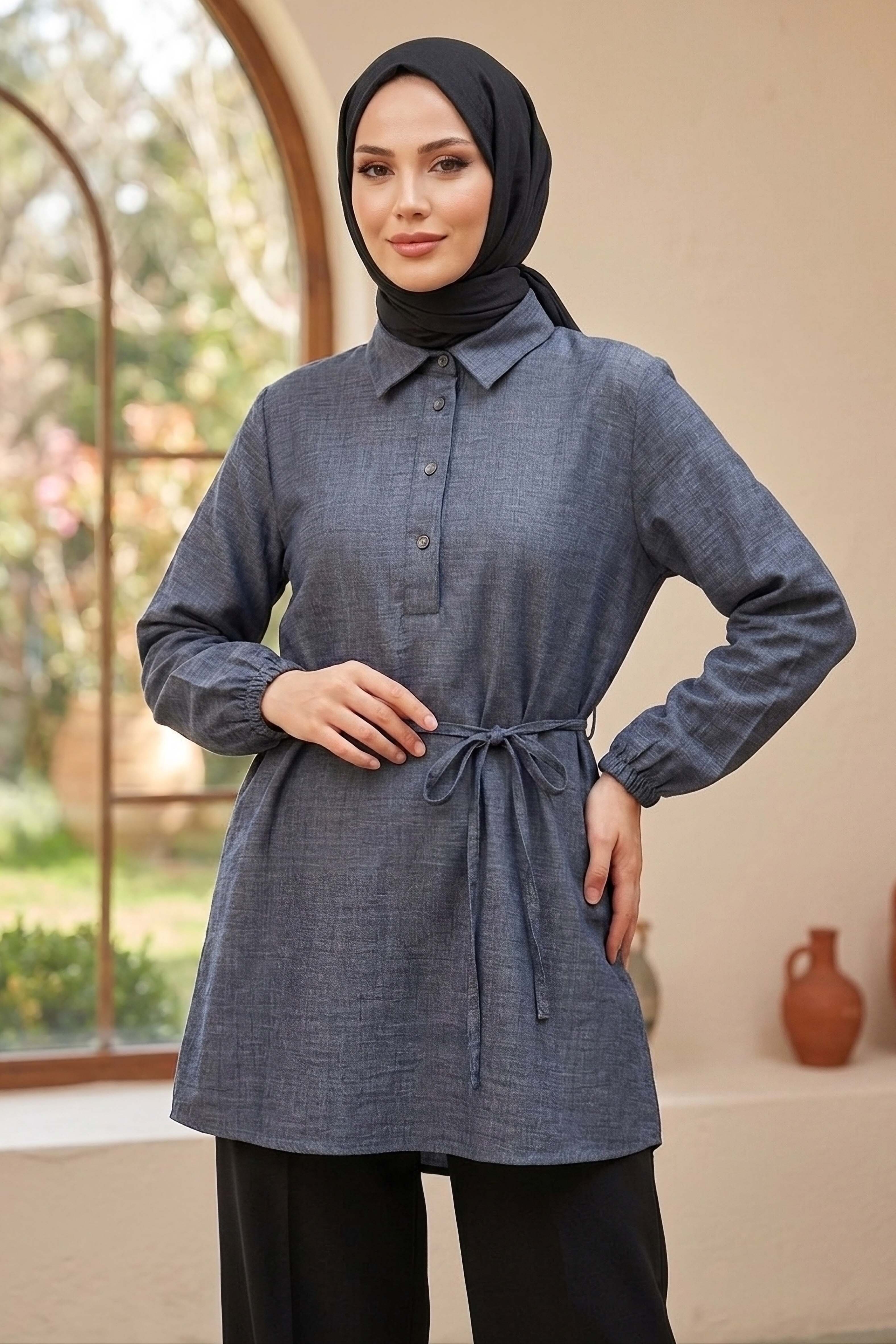 Kuşaklı Düğmeli Tunik - 1301-ANTRASIT - 1