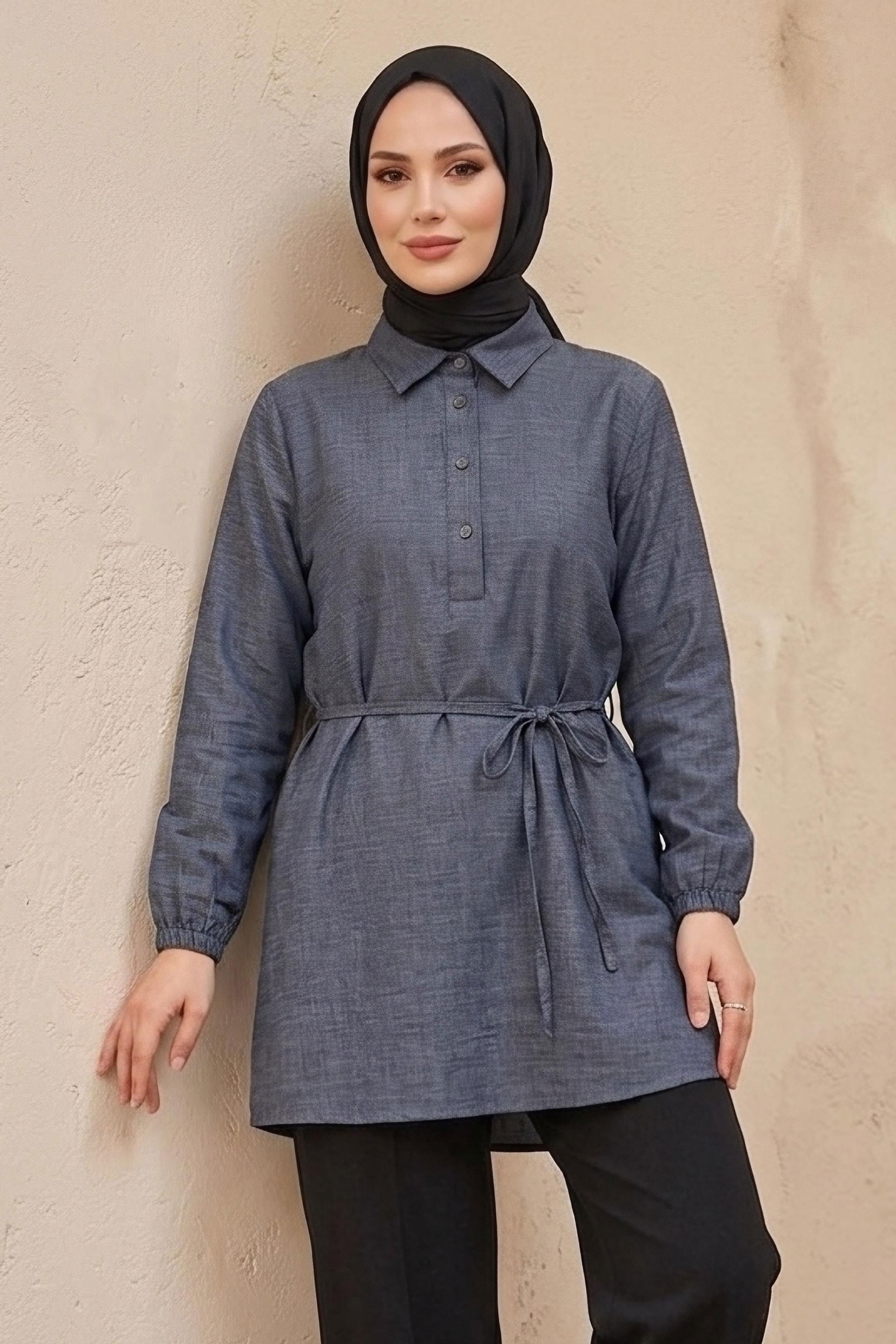 Kuşaklı Düğmeli Tunik - 1301-ANTRASIT - 2