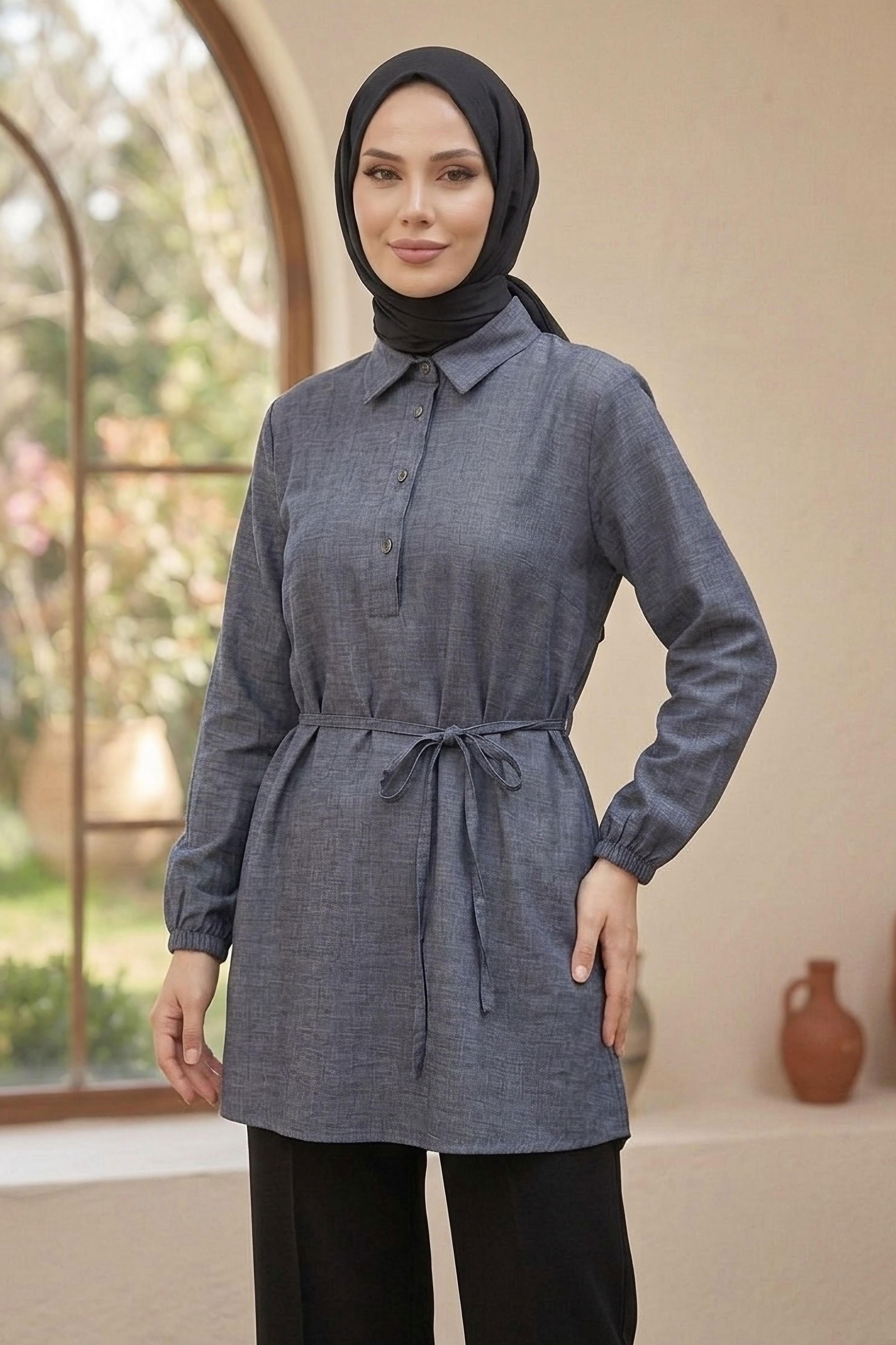 Kuşaklı Düğmeli Tunik - 1301-ANTRASIT - 3