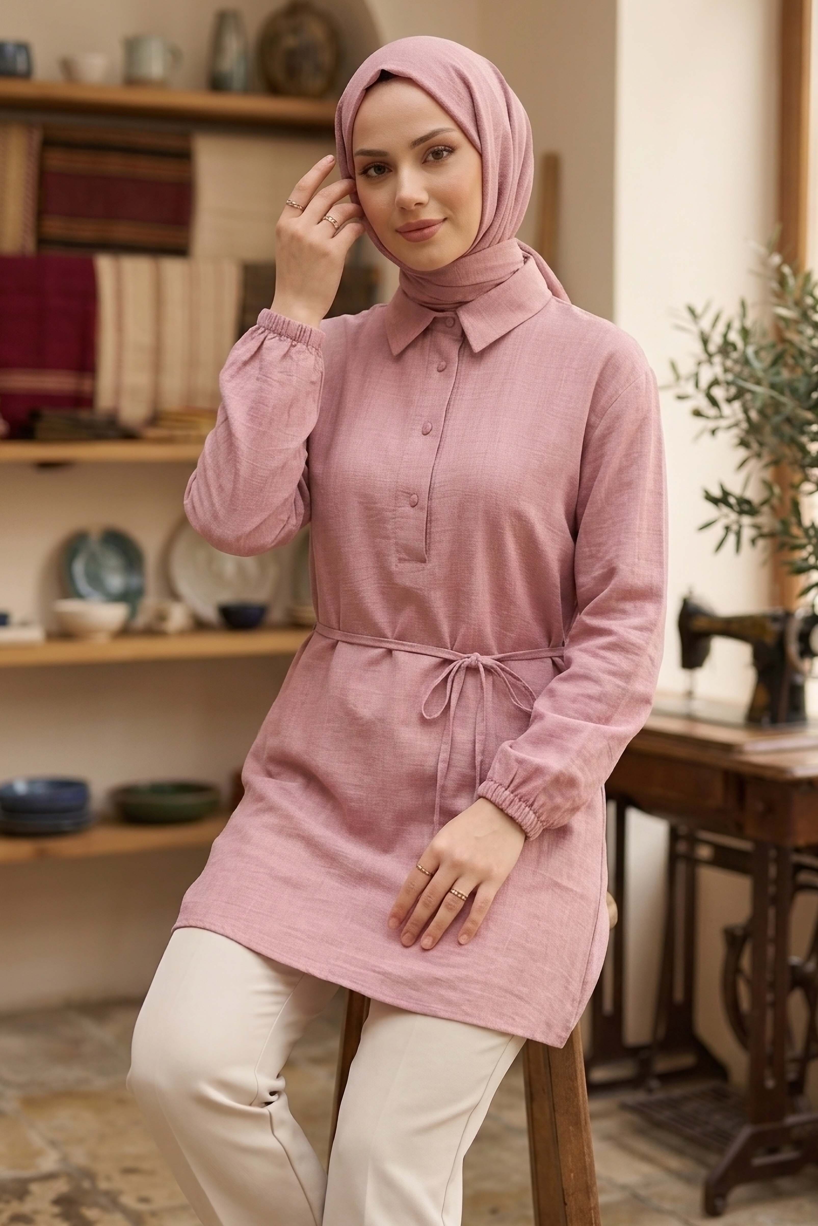 Kuşaklı Düğmeli Tunik - 1301-GUL-KURUSU - 1