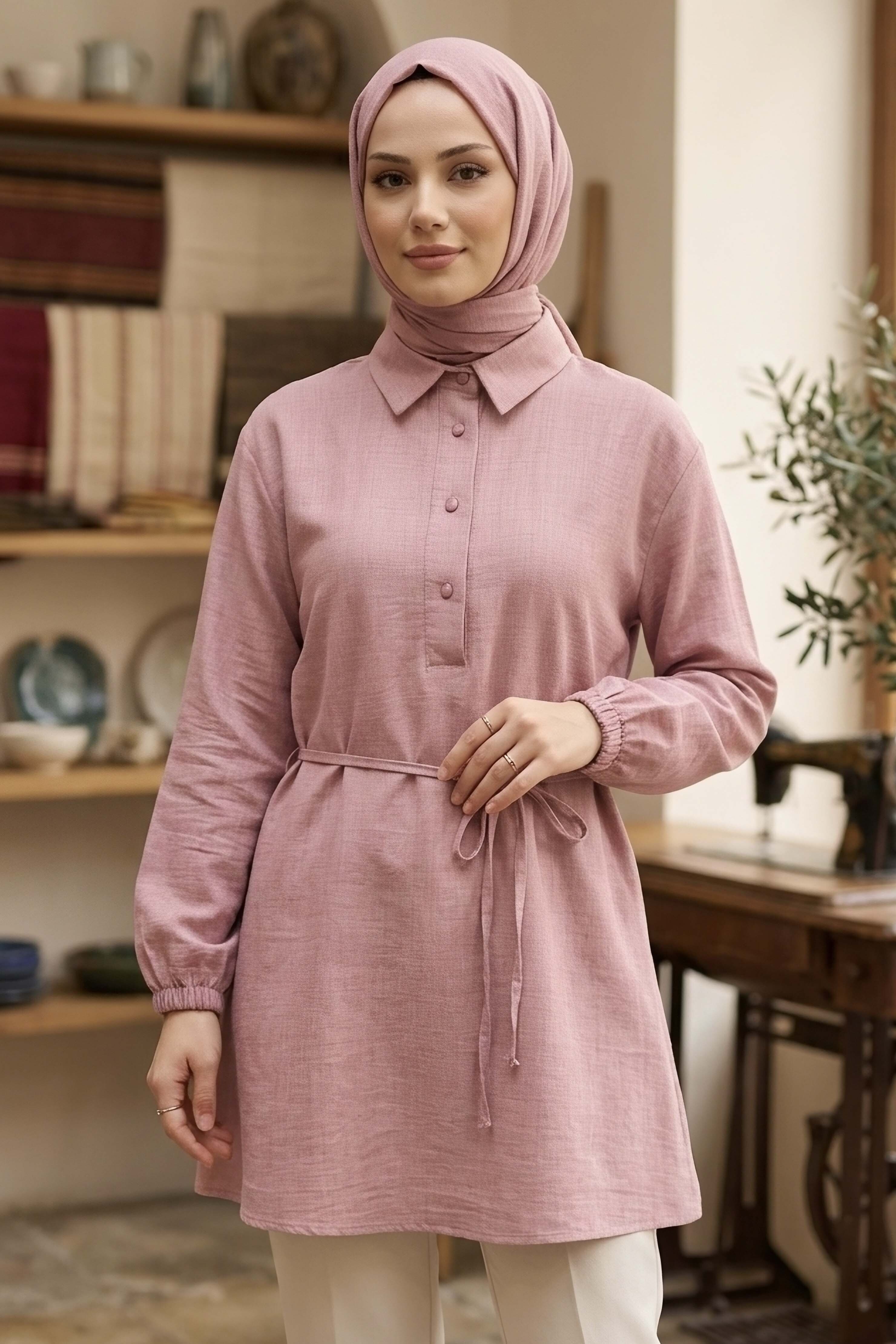 Kuşaklı Düğmeli Tunik - 1301-GUL-KURUSU - 2