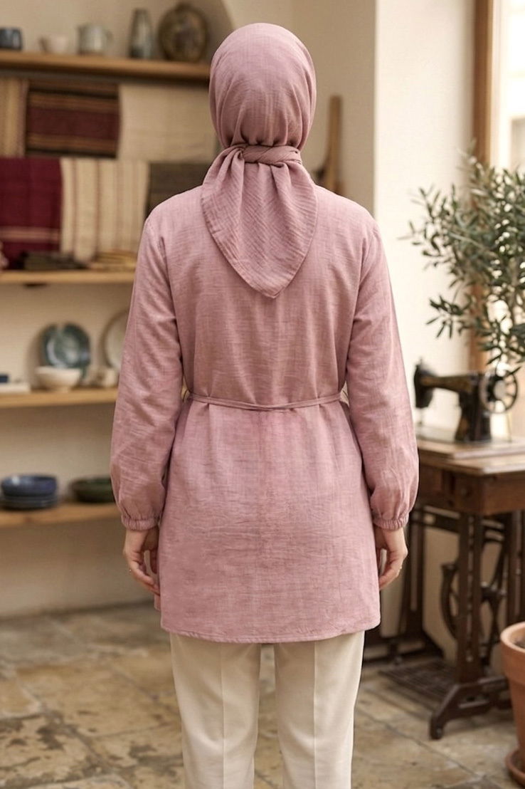 Kuşaklı Düğmeli Tunik - 1301-GUL-KURUSU - 4