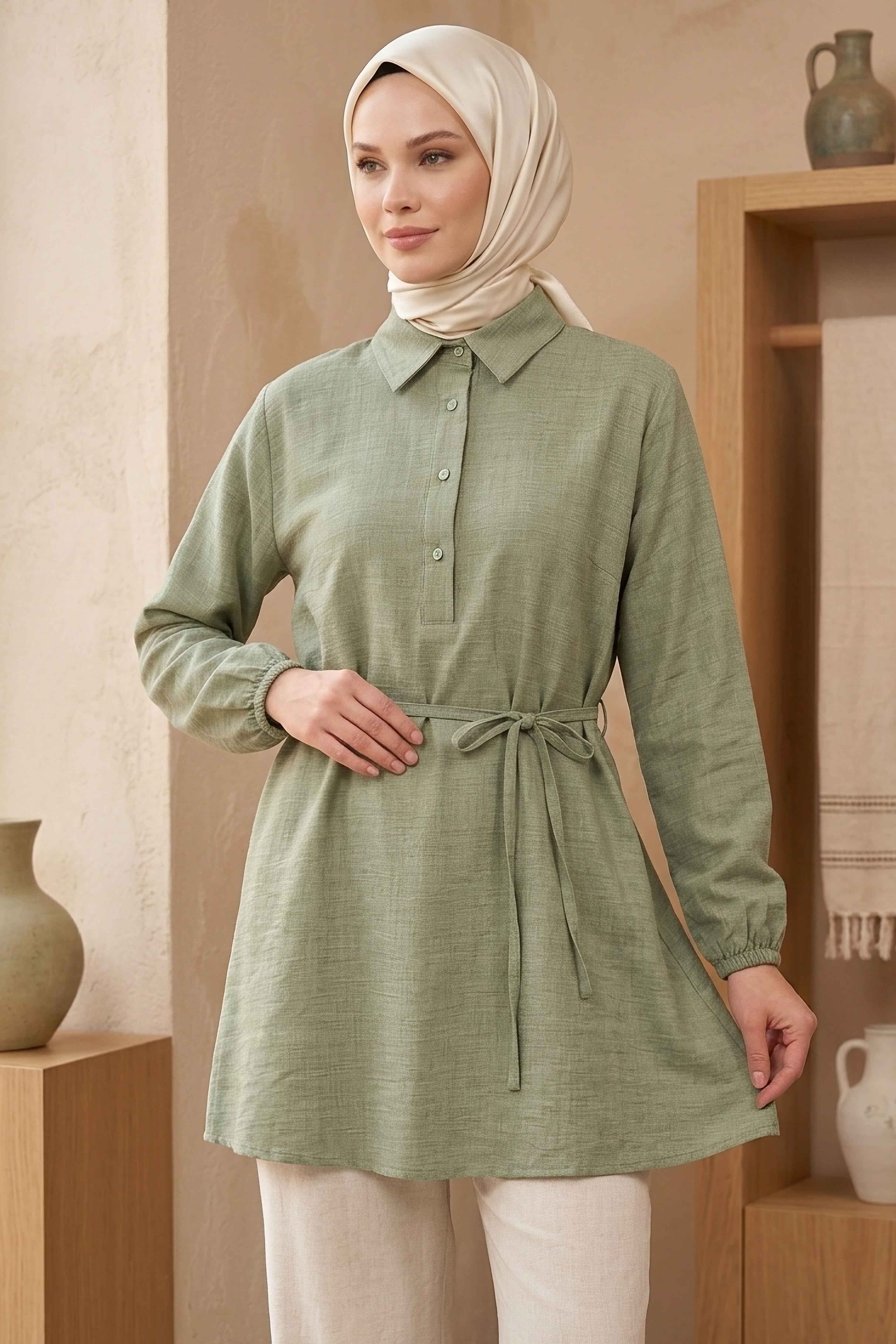 Kuşaklı Düğmeli Tunik - 1301-HAKI - 1