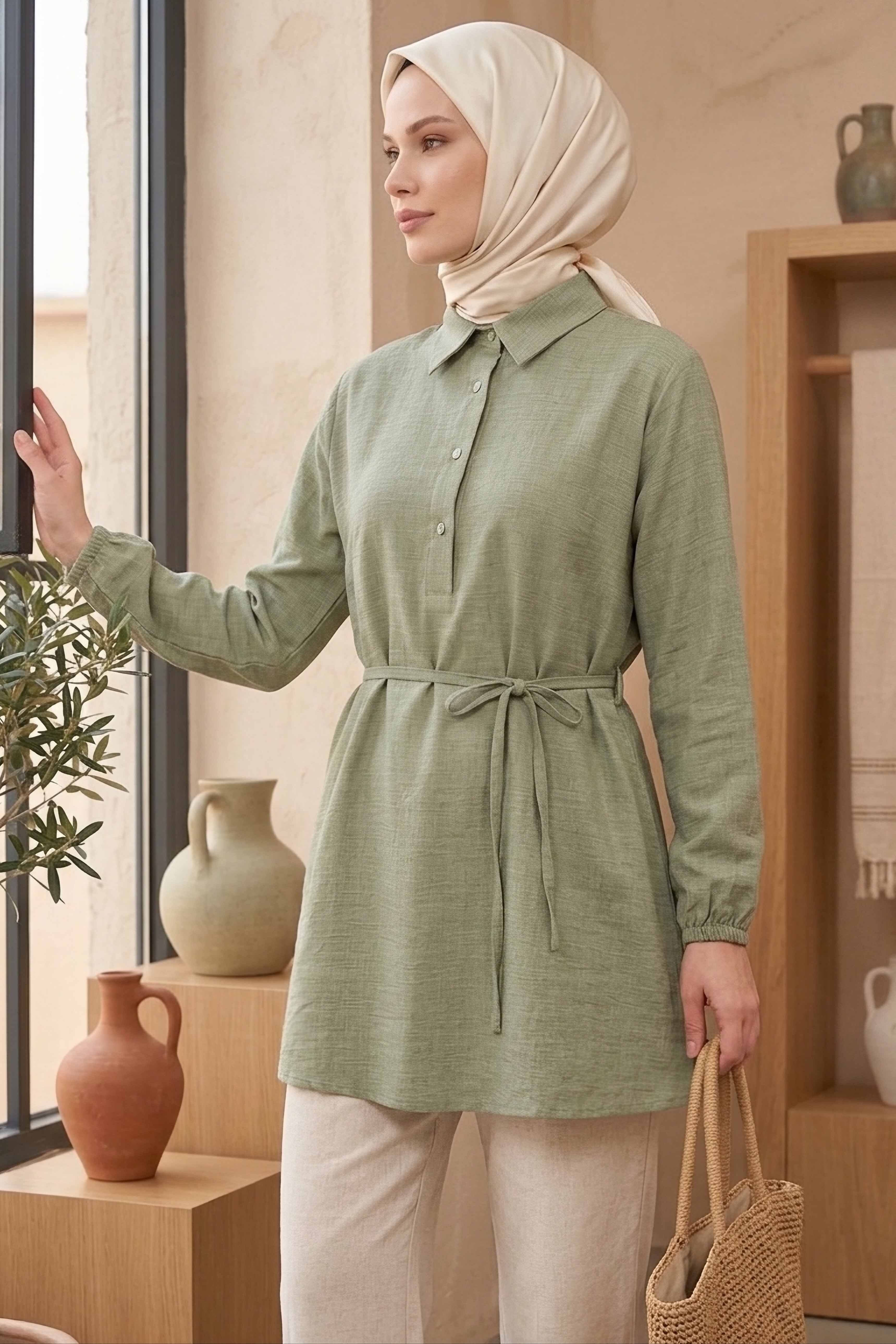 Kuşaklı Düğmeli Tunik - 1301-HAKI - 2