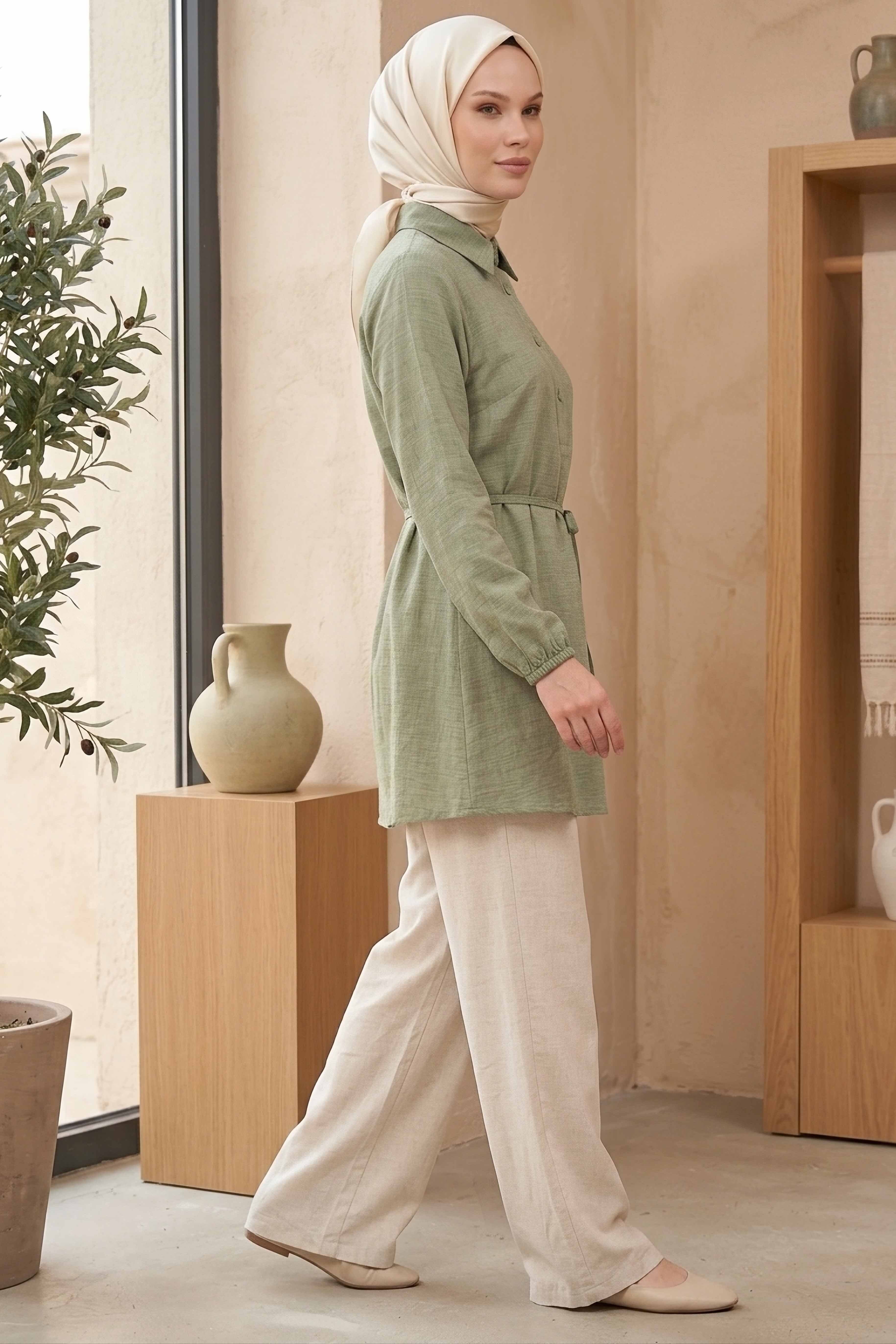 Kuşaklı Düğmeli Tunik - 1301-HAKI - 3