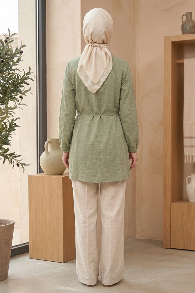 Kuşaklı Düğmeli Tunik - 1301-HAKI - 4