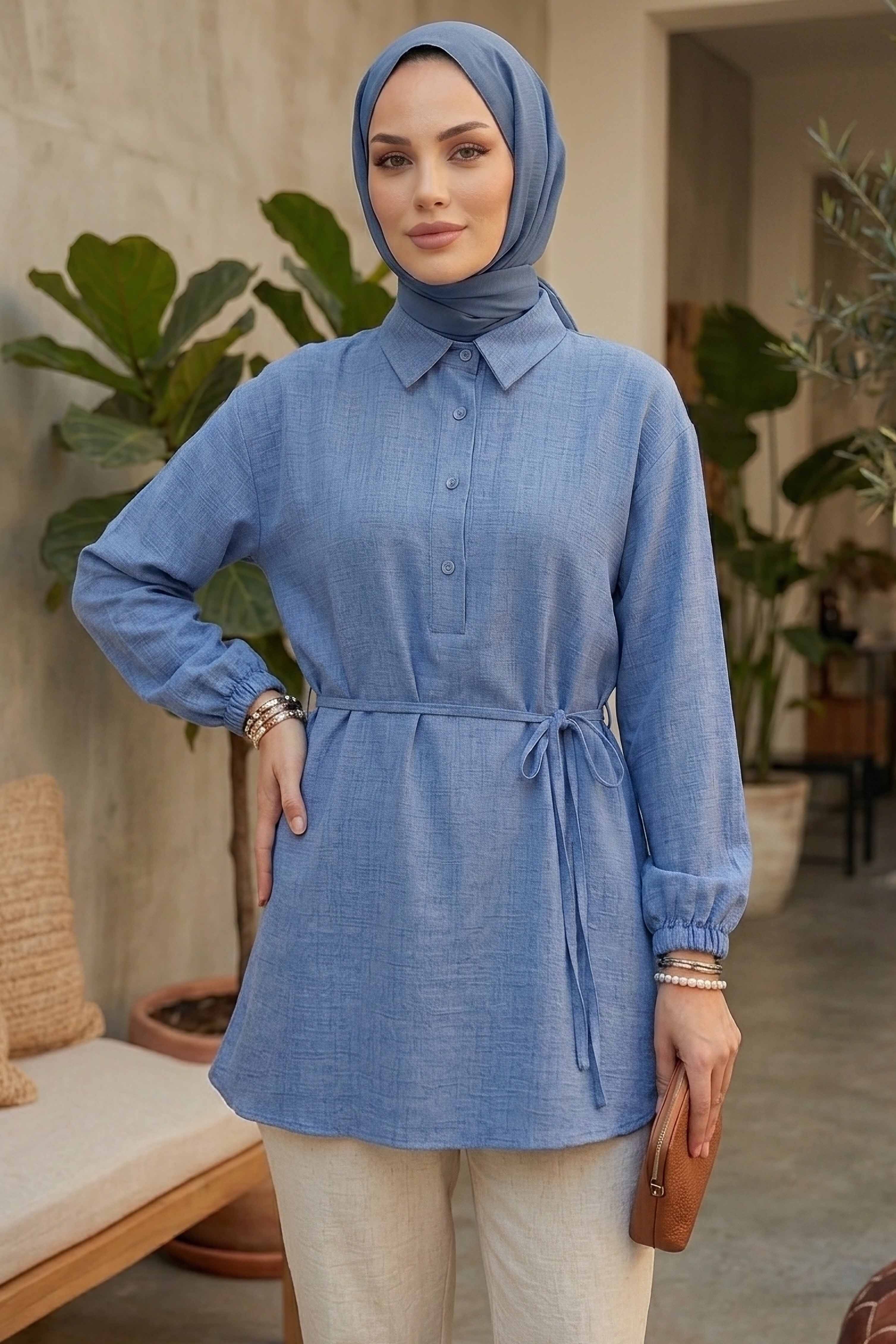 Kuşaklı Düğmeli Tunik - 1301-INDIGO - 1