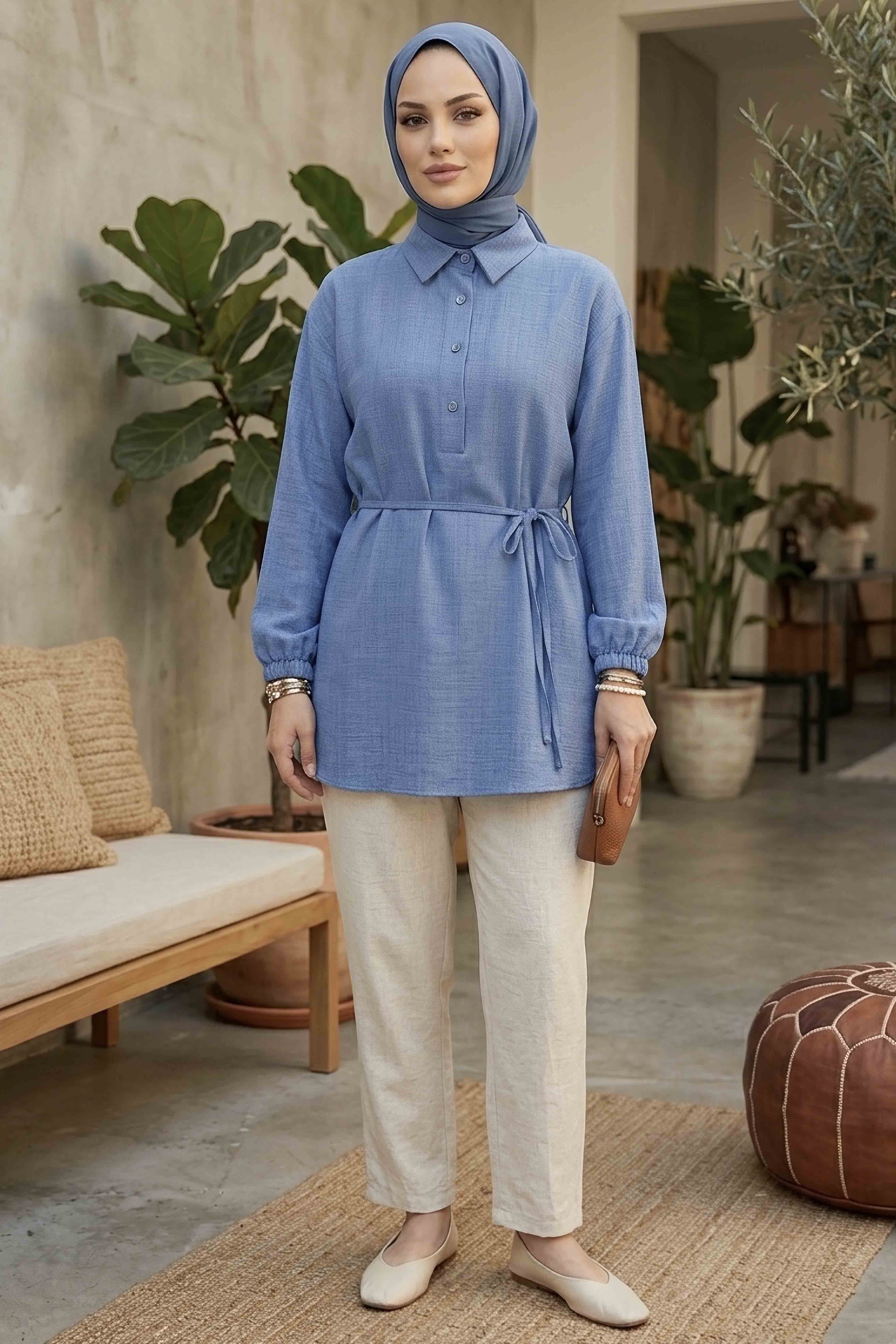 Kuşaklı Düğmeli Tunik - 1301-INDIGO - 2