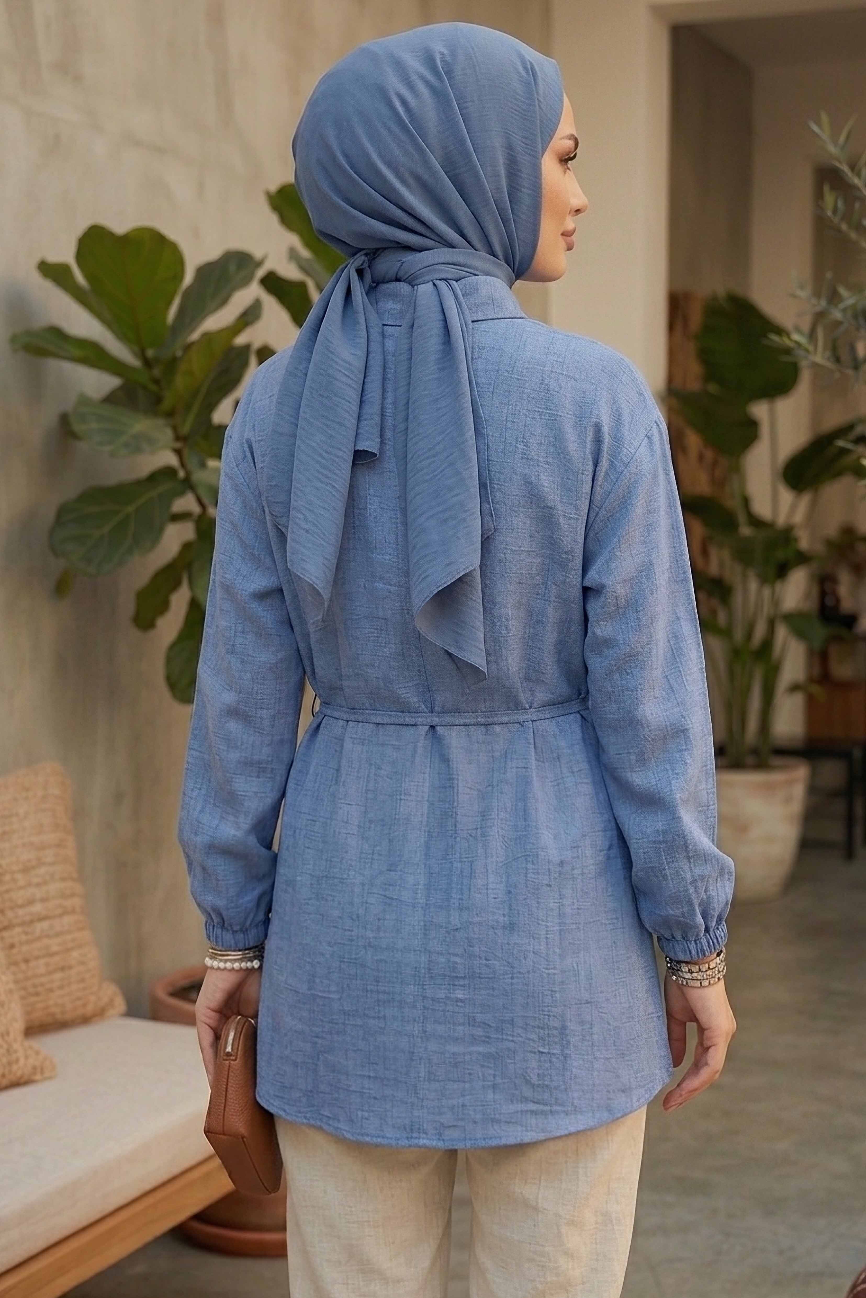 Kuşaklı Düğmeli Tunik - 1301-INDIGO - 3
