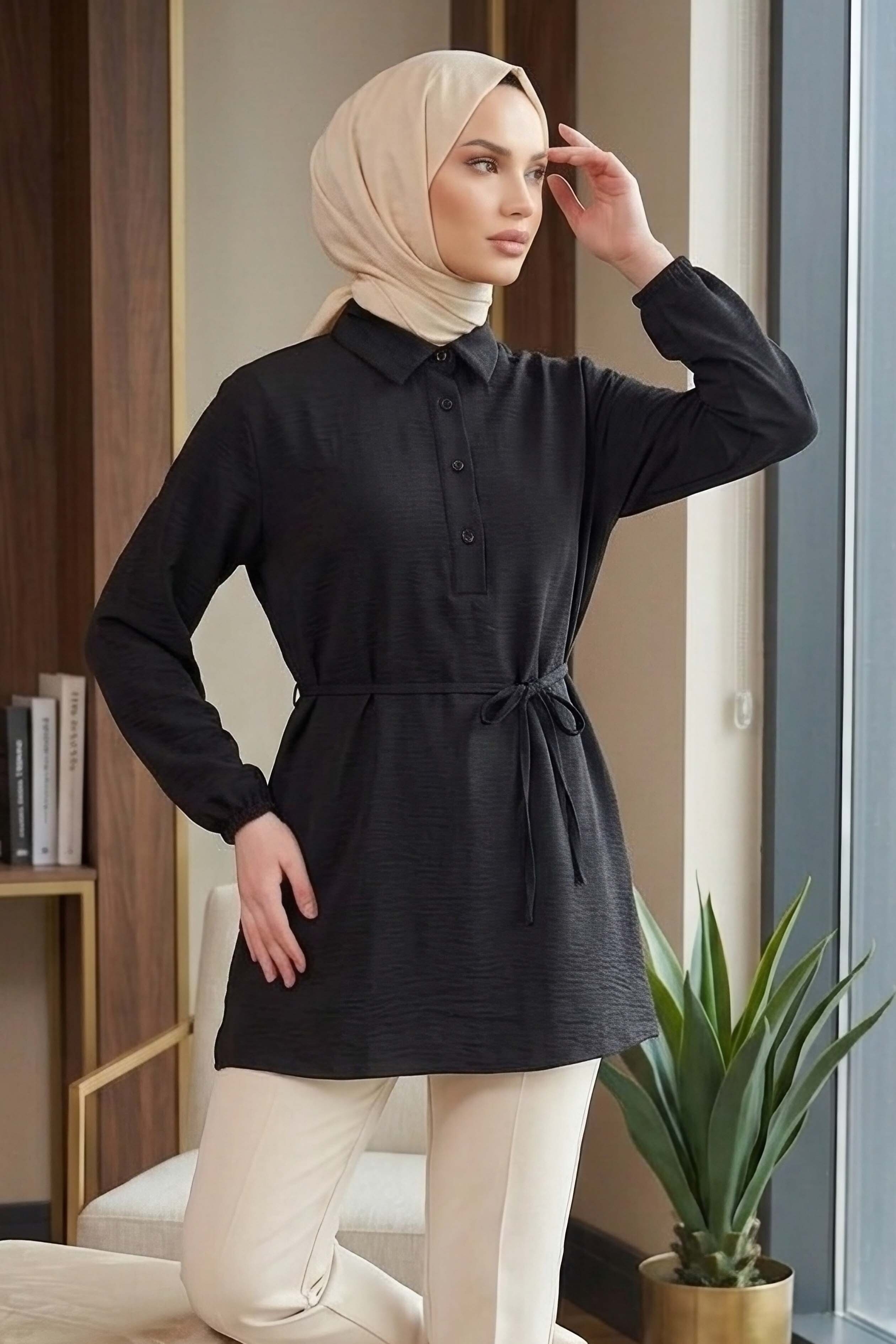 Kuşaklı Düğmeli Tunik - 1301-SIYAH - 1