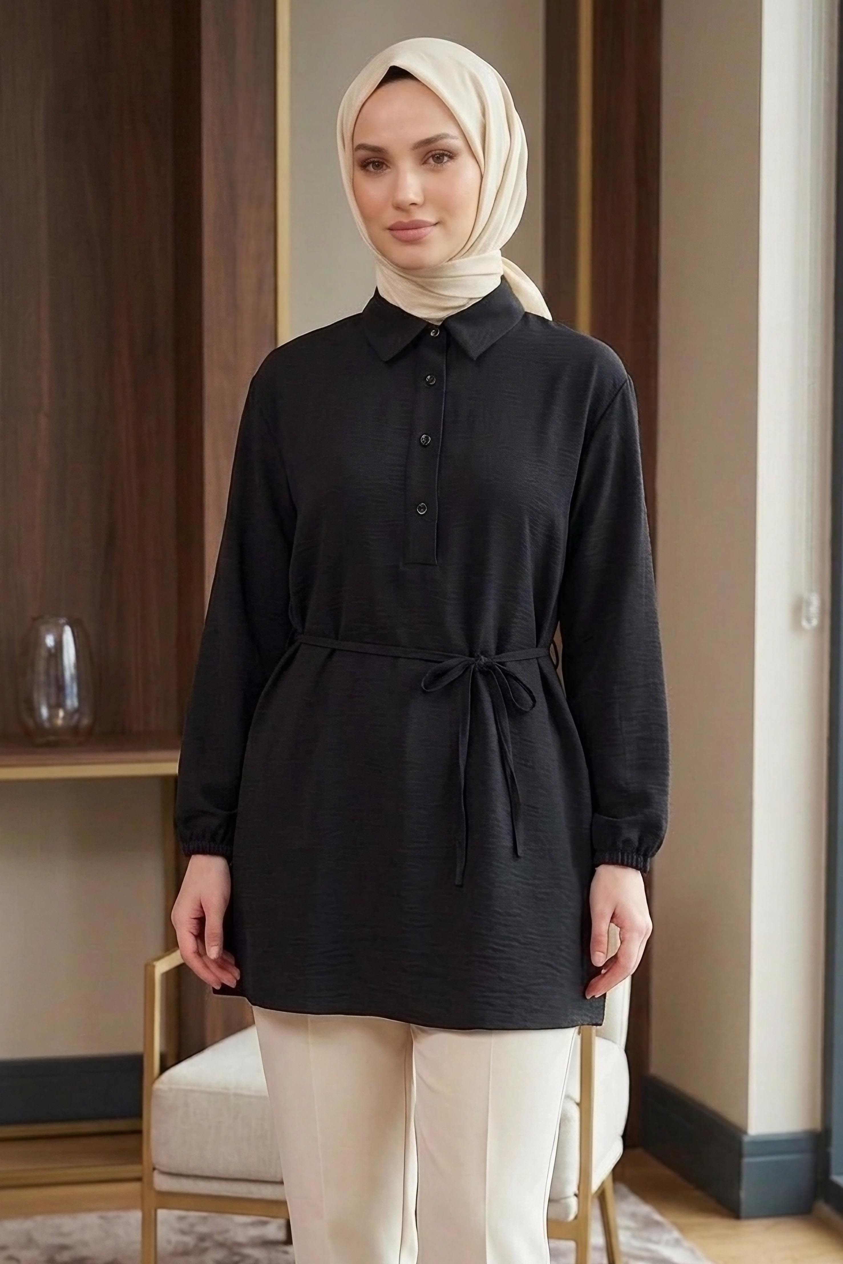 Kuşaklı Düğmeli Tunik - 1301-SIYAH - 2