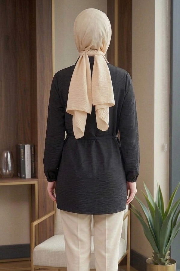 Kuşaklı Düğmeli Tunik - 1301-SIYAH - 3