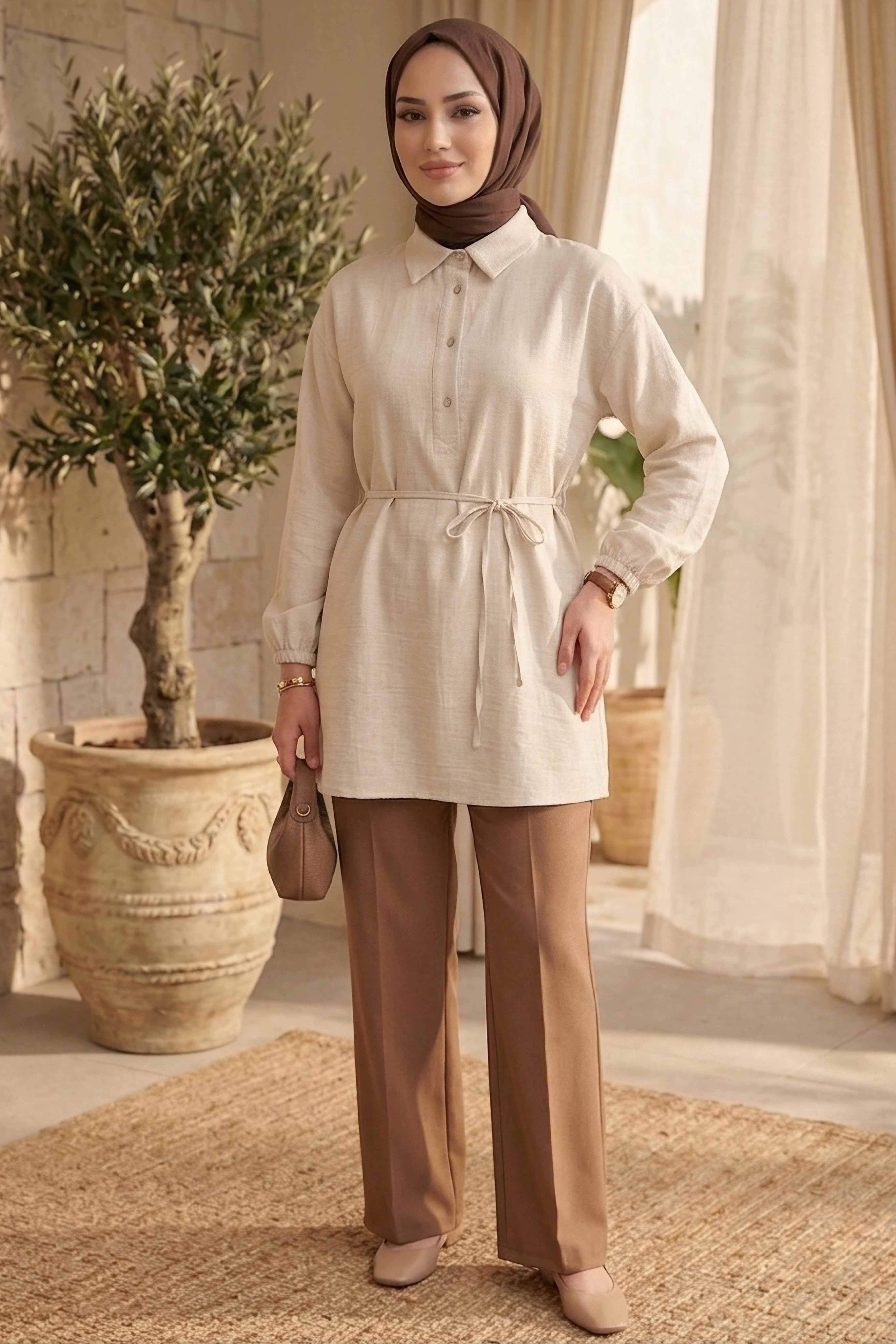 Kuşaklı Düğmeli Tunik - 1301-TAS - 2