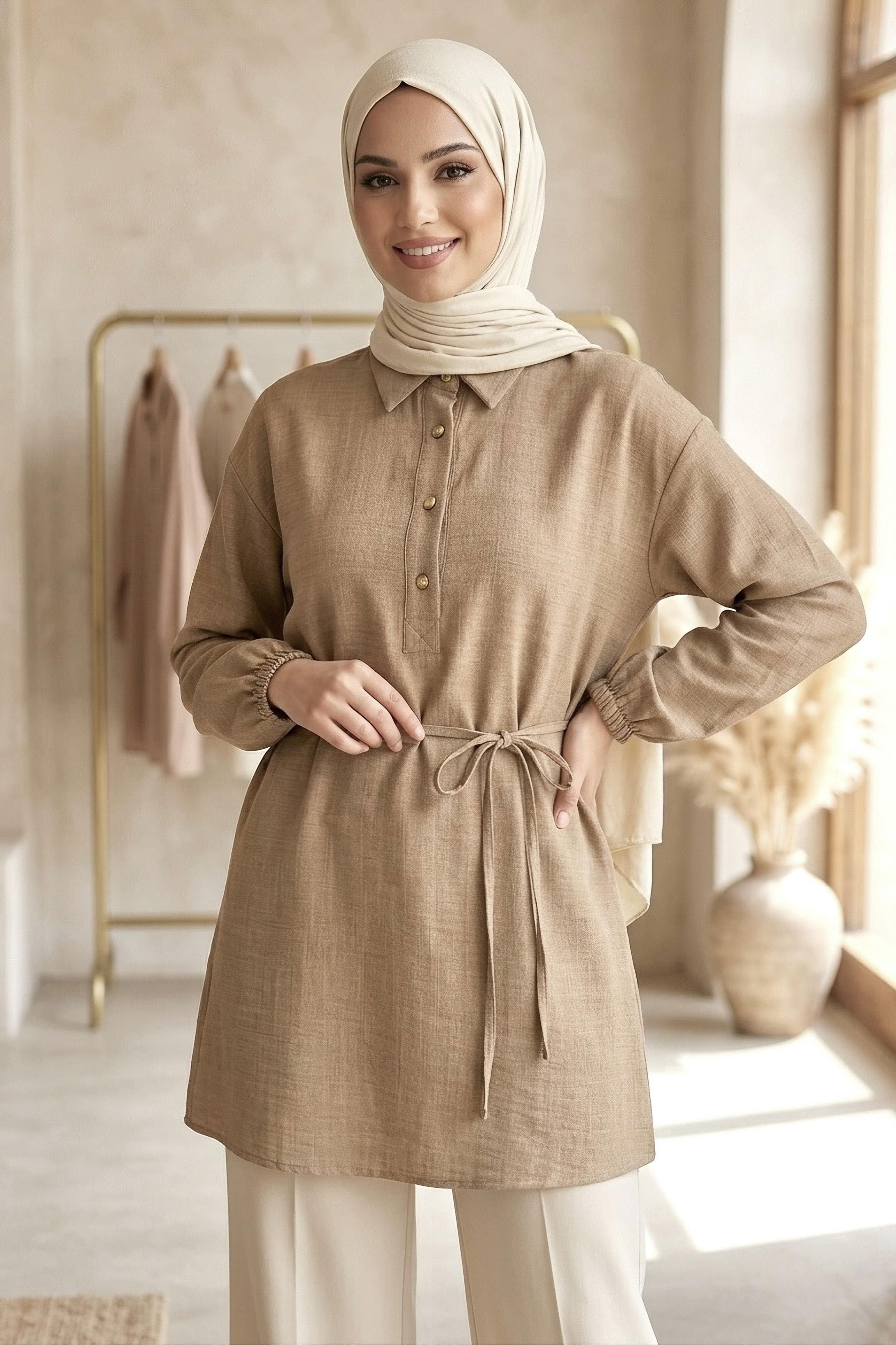 Kuşaklı Düğmeli Tunik - 1301-VIZON - 2