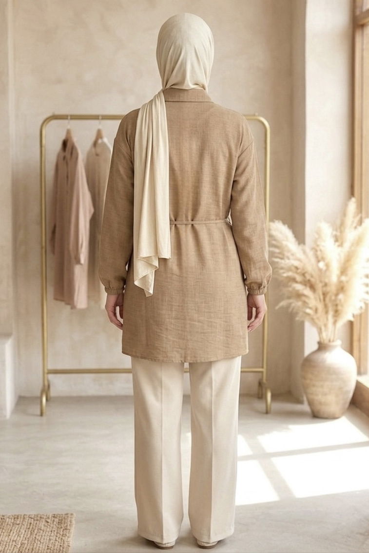 Kuşaklı Düğmeli Tunik - 1301-VIZON - 3