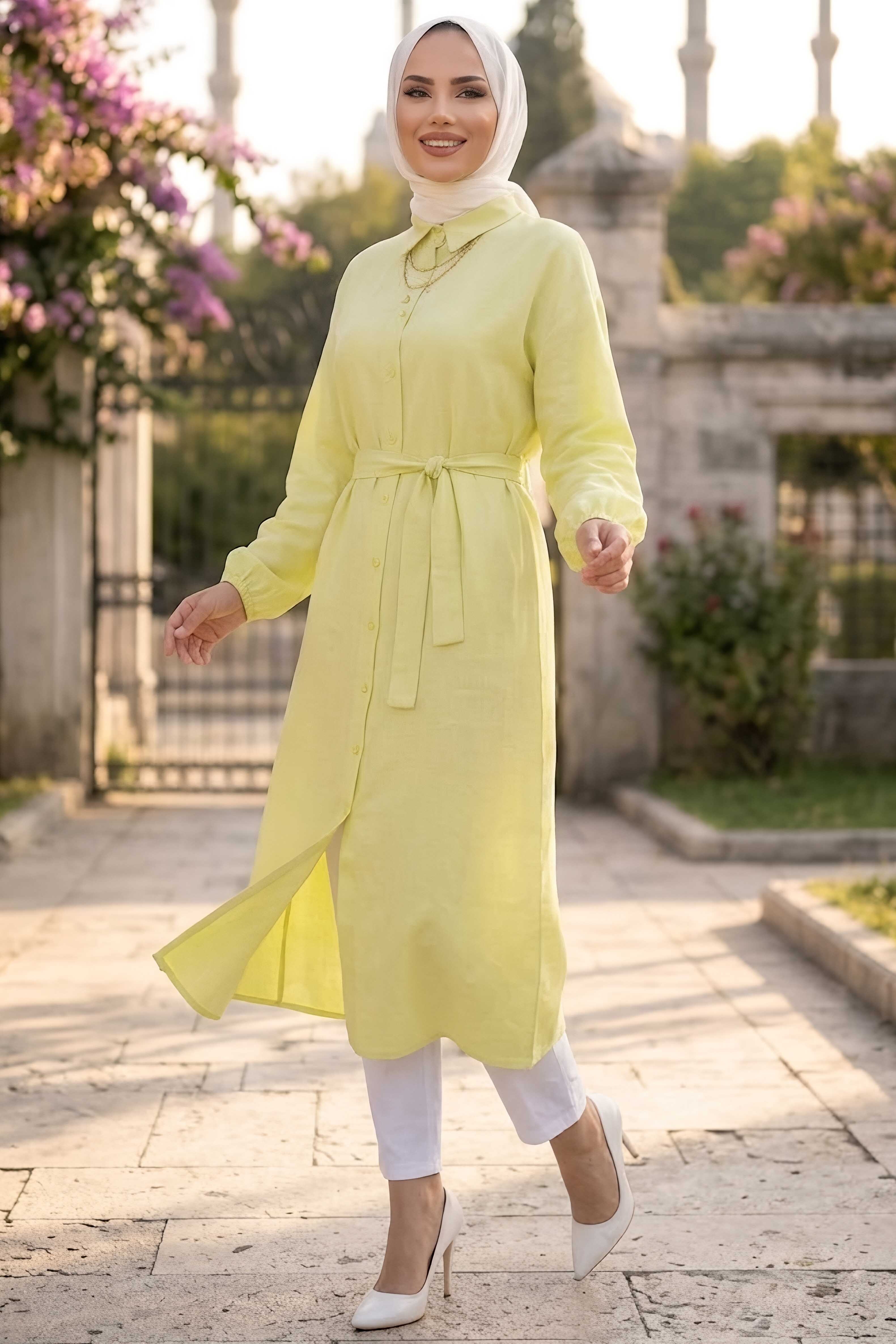 Kuşaklı Düğmeli Tunik Fistik Yeşili - 28830-FISTIK-YESILI - 2