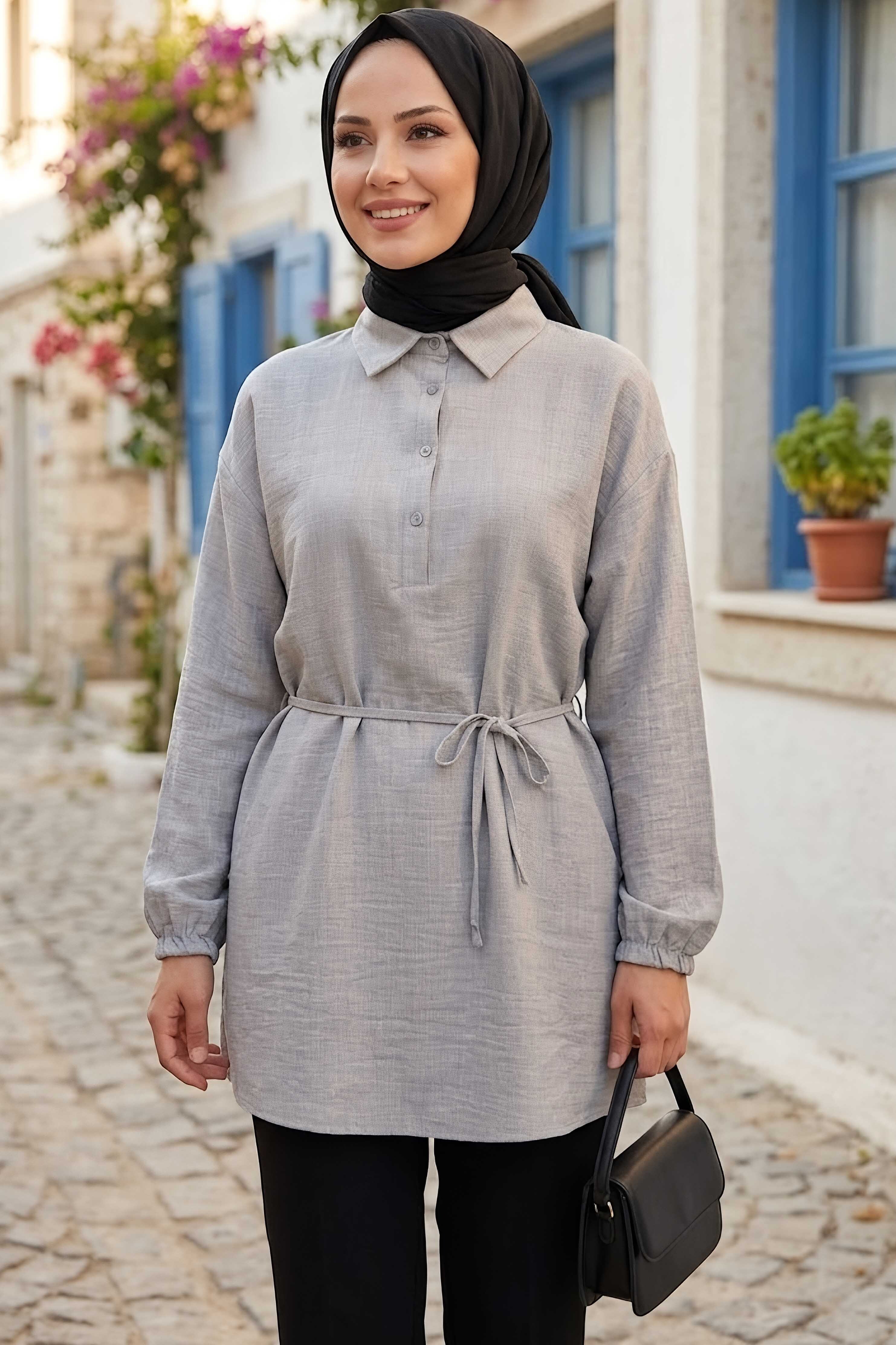 Kuşaklı Düğmeli Tunik Gri - 1301-GRI - 1
