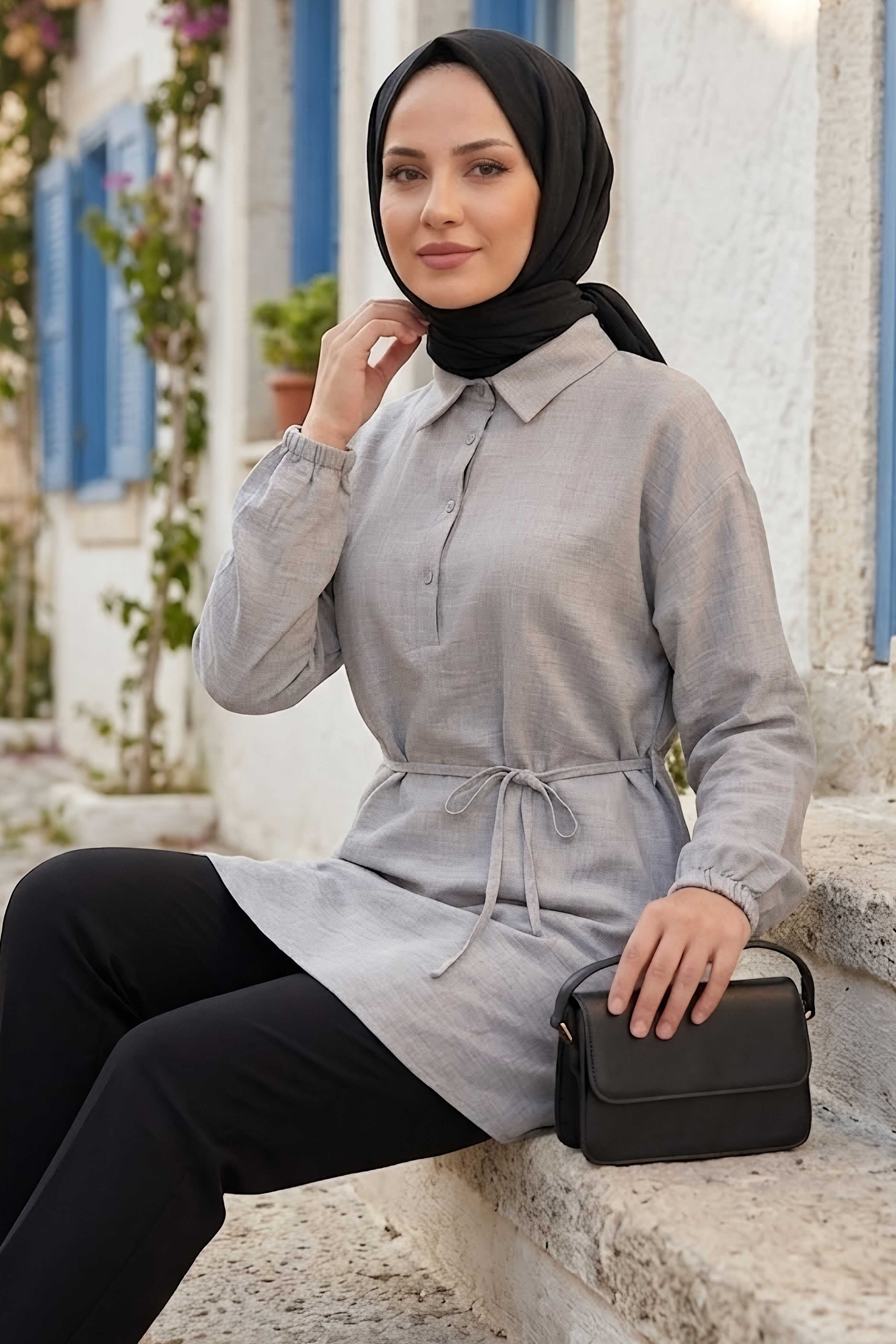 Kuşaklı Düğmeli Tunik Gri - 1301-GRI - 2