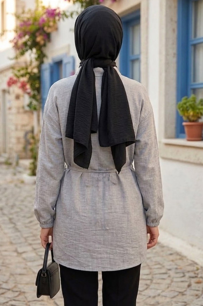 Kuşaklı Düğmeli Tunik Gri - 1301-GRI - 3