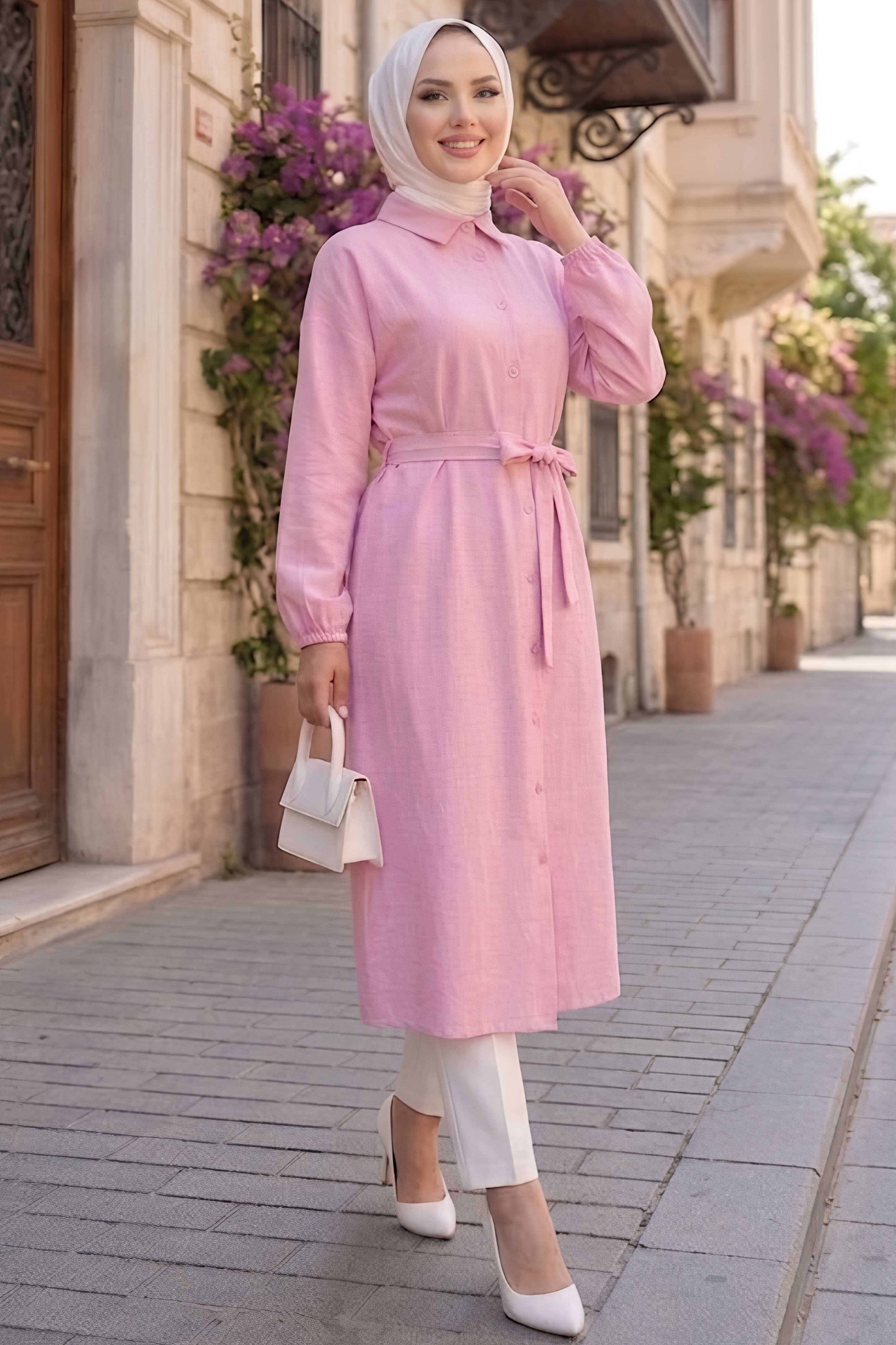 Kuşaklı Düğmeli Tunik Pembe - 28830-PEMBE - 1