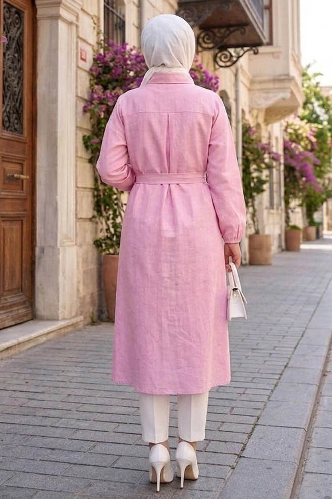 Kuşaklı Düğmeli Tunik Pembe - 28830-PEMBE - 4