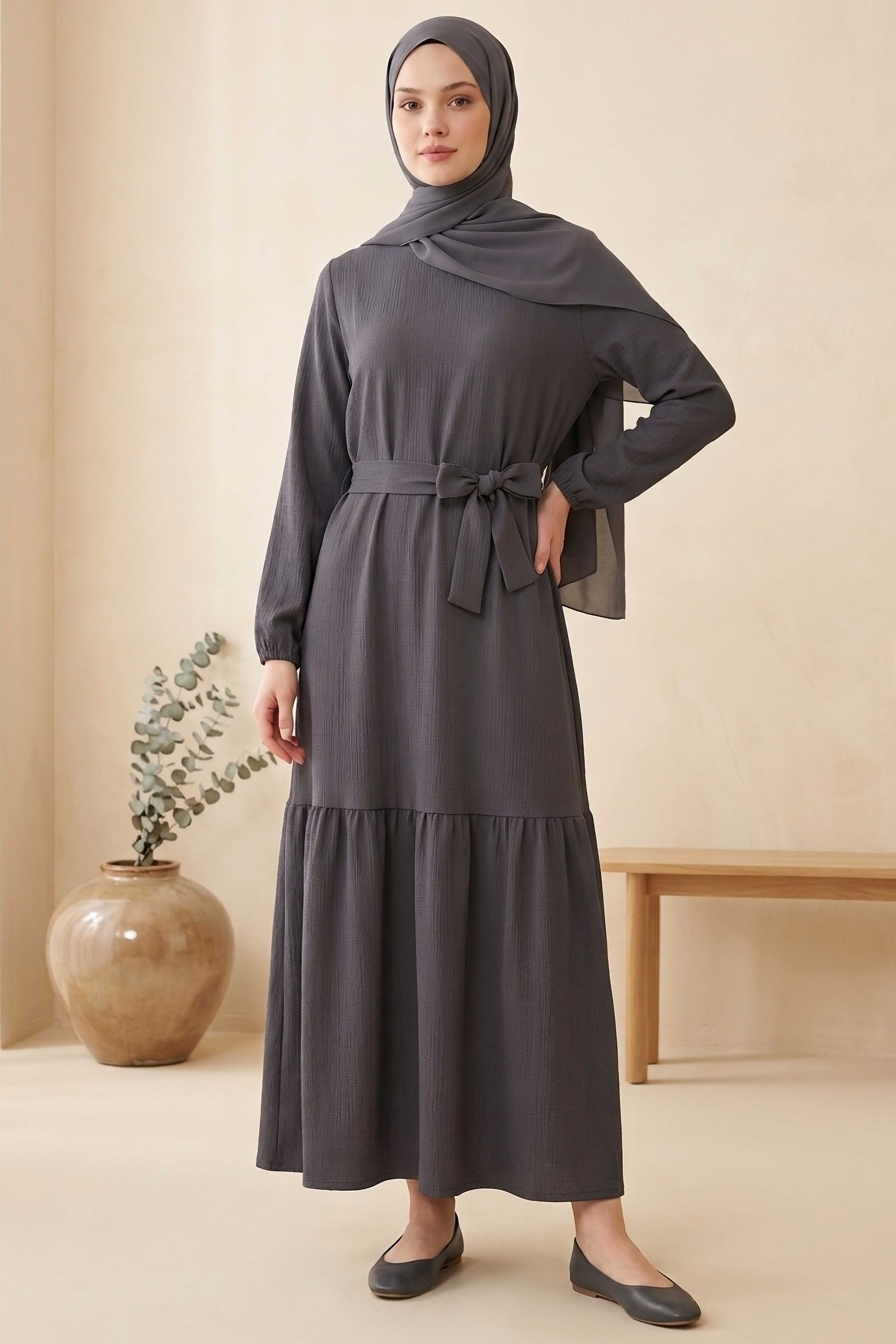 Kuşaklı Eteği Pileli Bürümcük Elbise - 28354-ANTRASIT - 2
