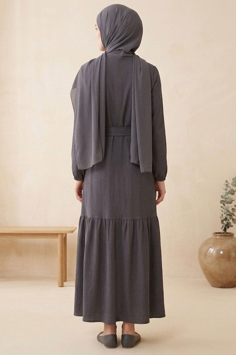 Kuşaklı Eteği Pileli Bürümcük Elbise - 28354-ANTRASIT - 3