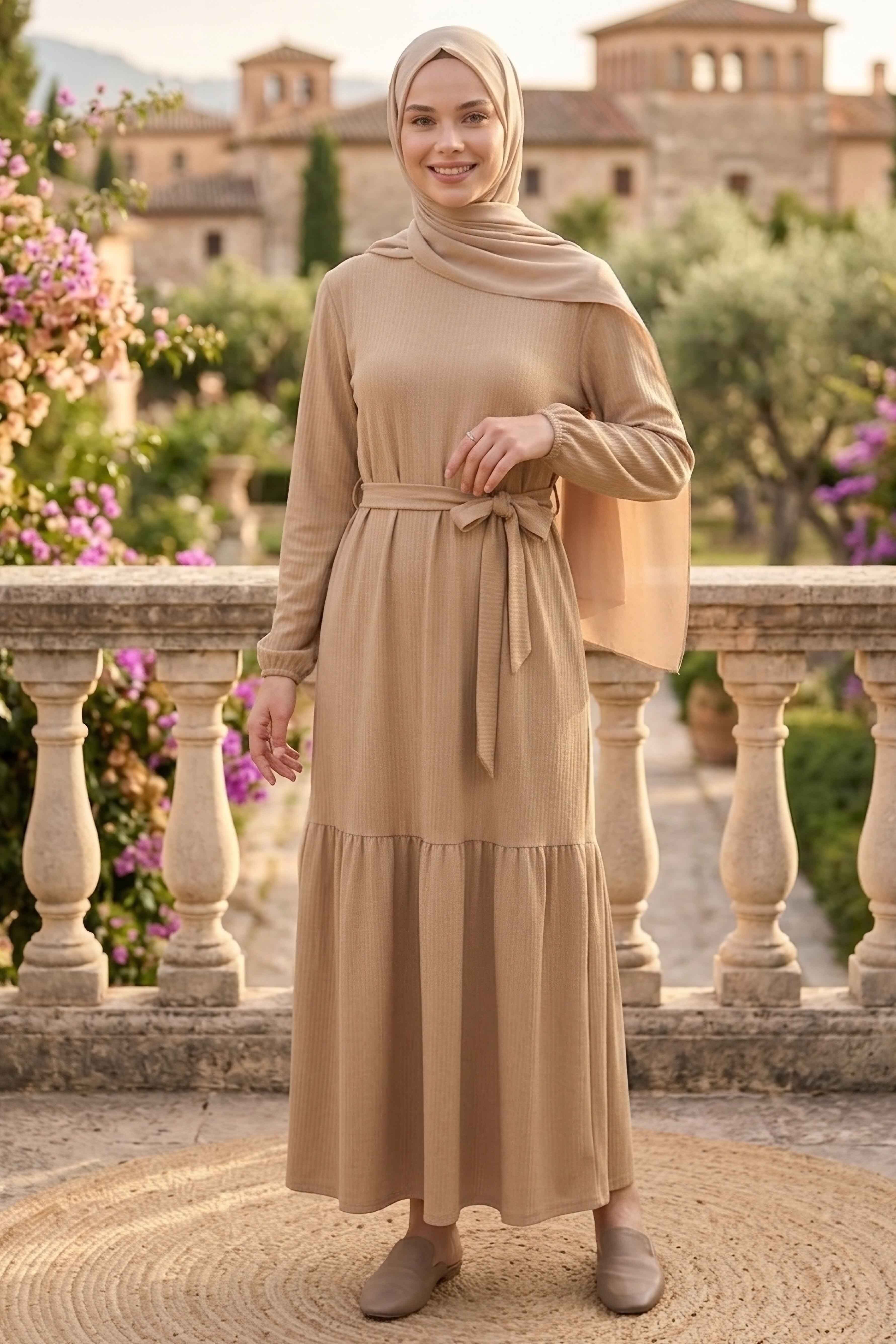 Kuşaklı Eteği Pileli Bürümcük Elbise - 28354-BEJ - 2