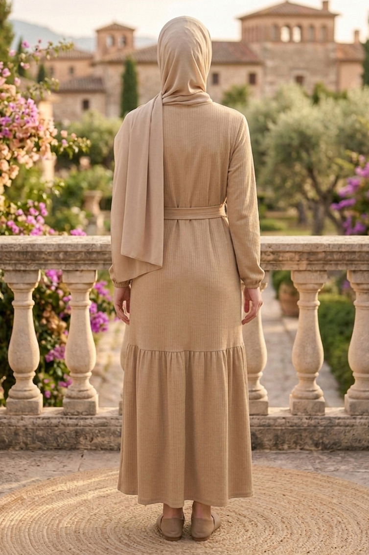 Kuşaklı Eteği Pileli Bürümcük Elbise - 28354-BEJ - 3