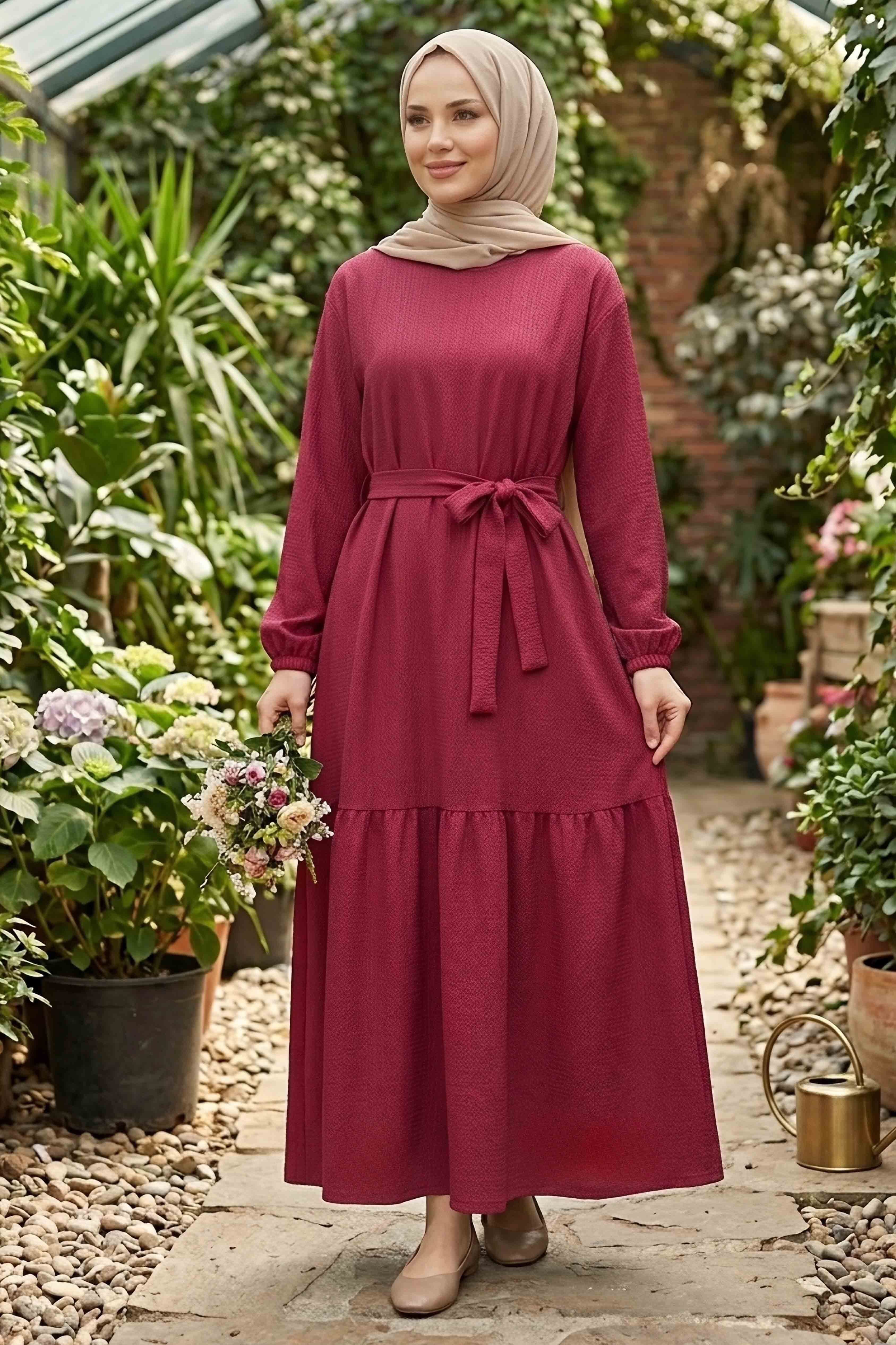 Kuşaklı Eteği Pileli Bürümcük Elbise - 28354-BORDO - 1