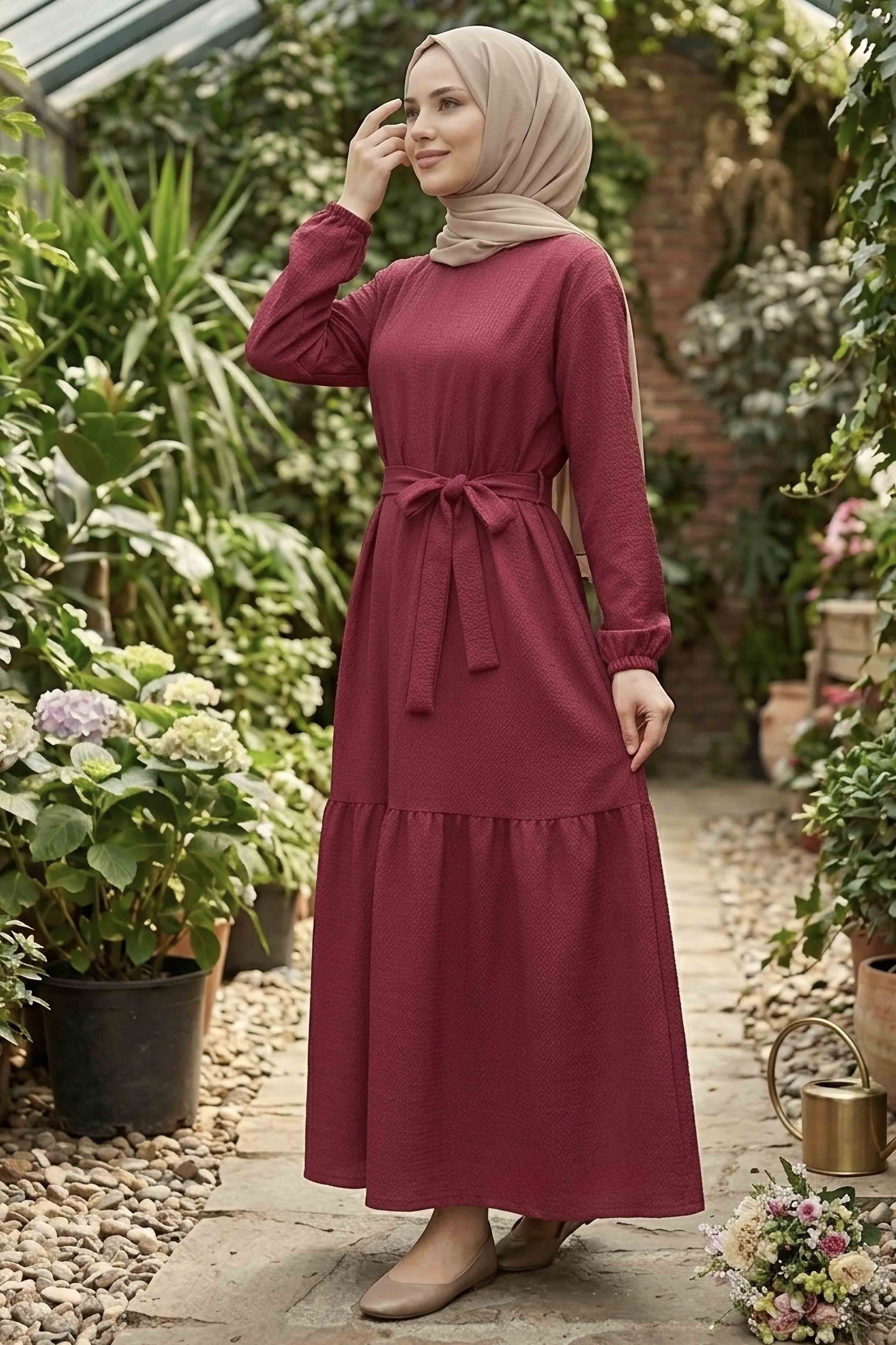 Kuşaklı Eteği Pileli Bürümcük Elbise - 28354-BORDO - 2