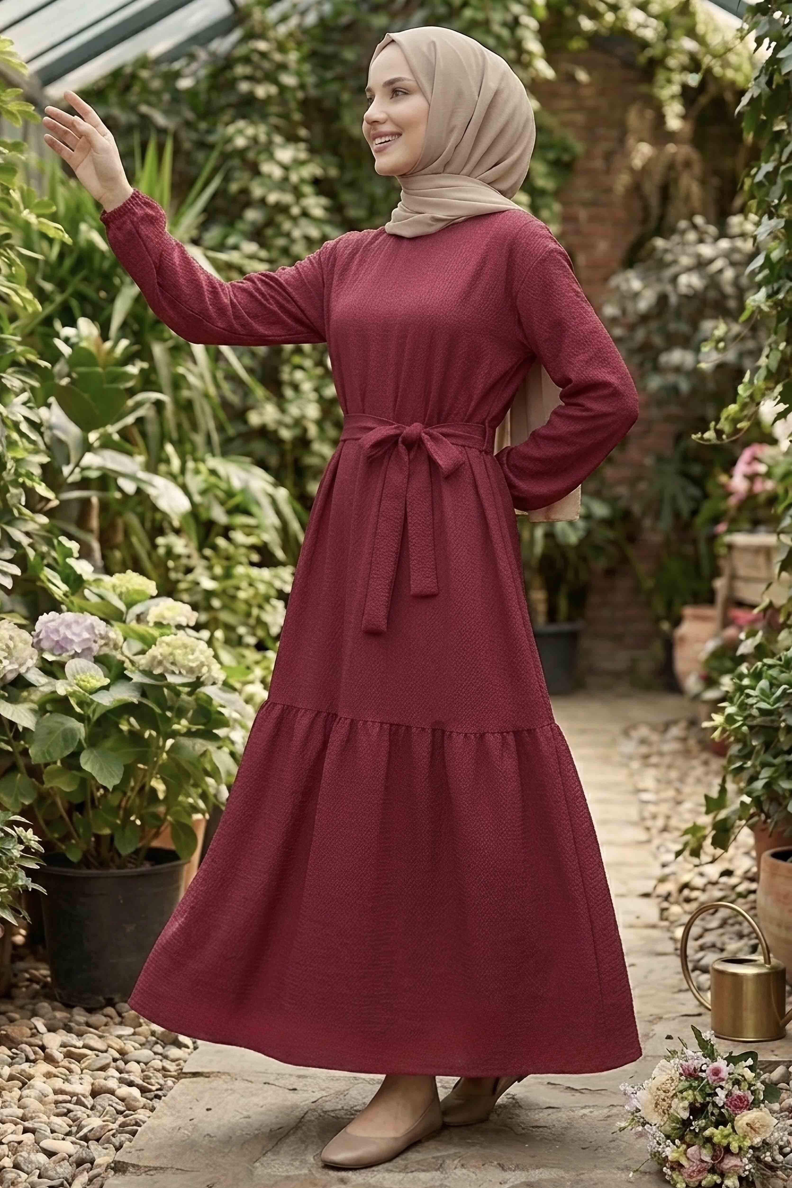 Kuşaklı Eteği Pileli Bürümcük Elbise - 28354-BORDO - 3