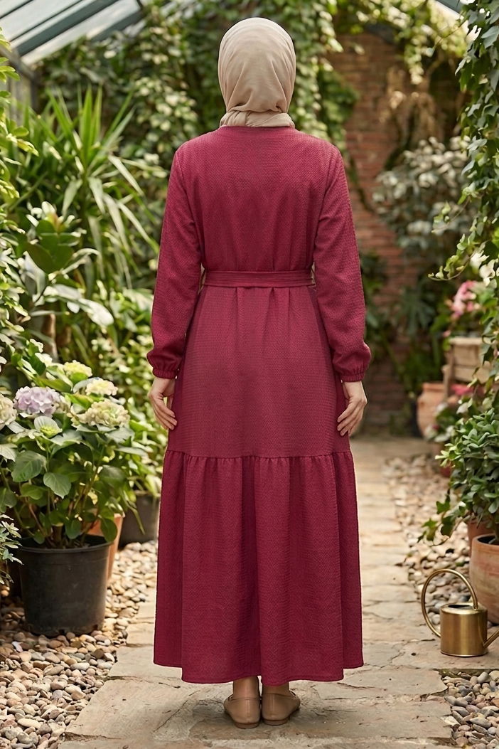 Kuşaklı Eteği Pileli Bürümcük Elbise - 28354-BORDO - 4