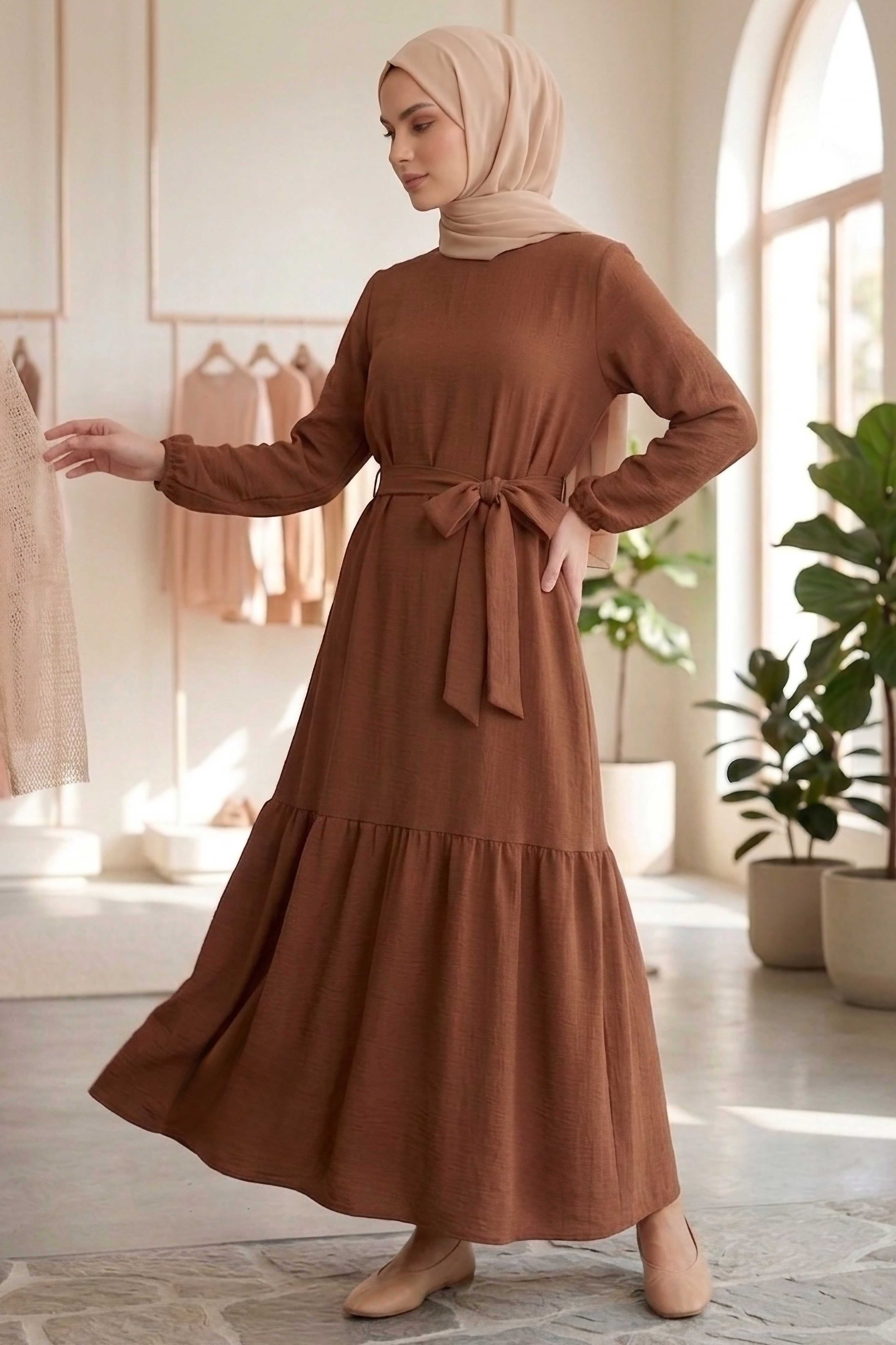 Kuşaklı Eteği Pileli Bürümcük Elbise - 28354-KIREMIT - 1